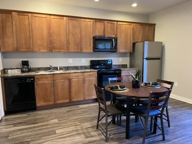 Kitchen open to dining area