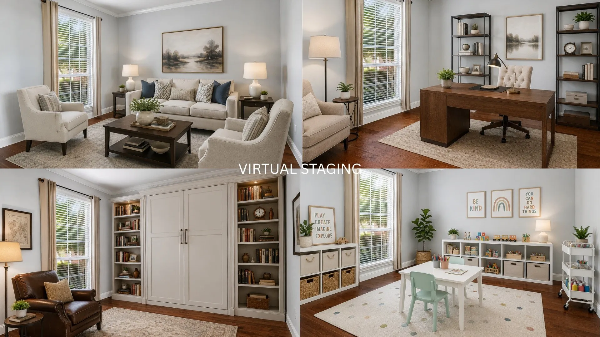 Virtually Staged.  Formal Living Room. Open Office Concept. Library with built-in Murphy Bed. Downstairs Playroom.  Which one do you need?
