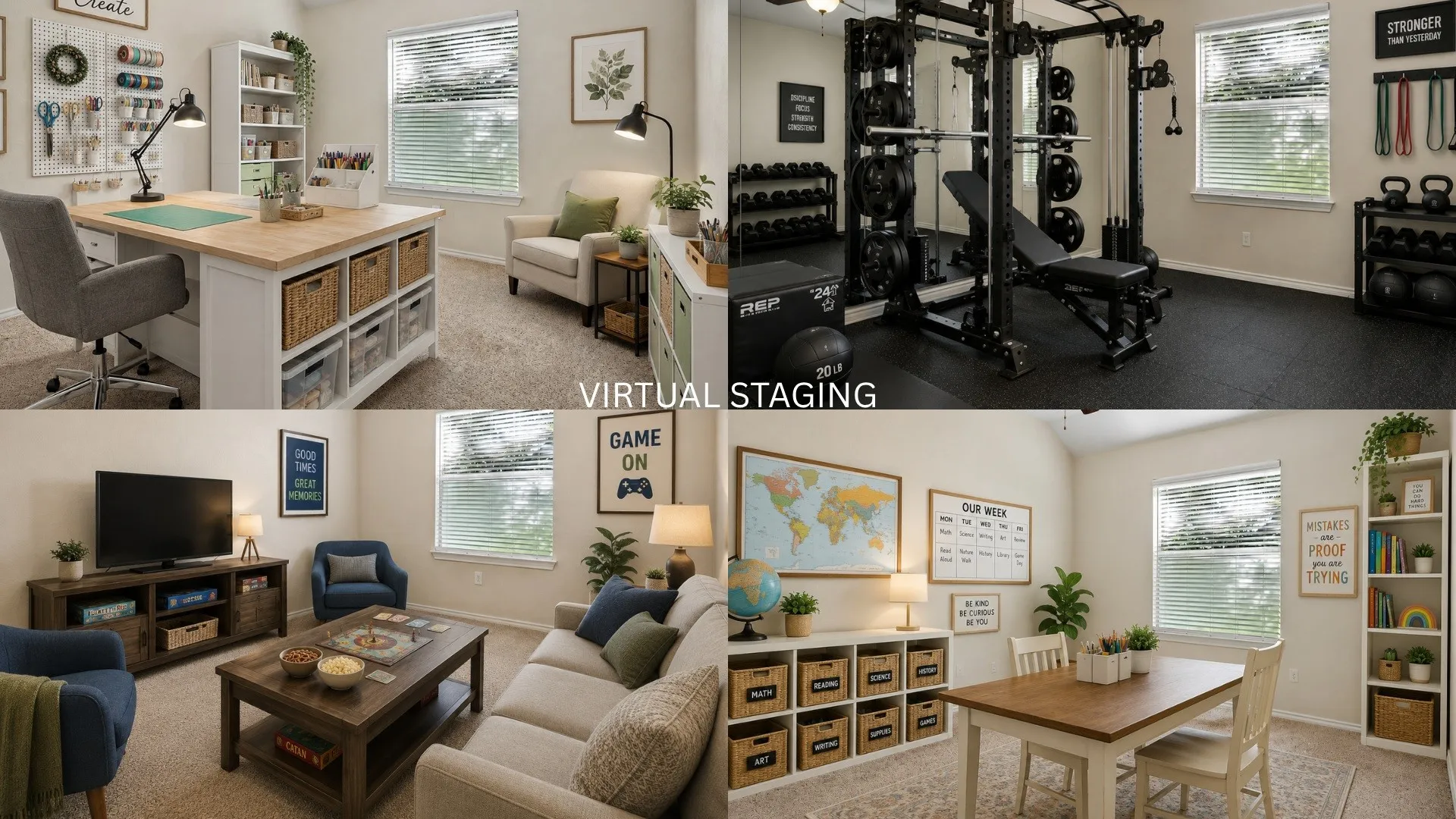 This flexible space can fit today's lifestyle. What do you need?  Hobby Room? Home Gym? Game Room? Homeschool/Playroom?  Virtually Staged with different interior design styles.