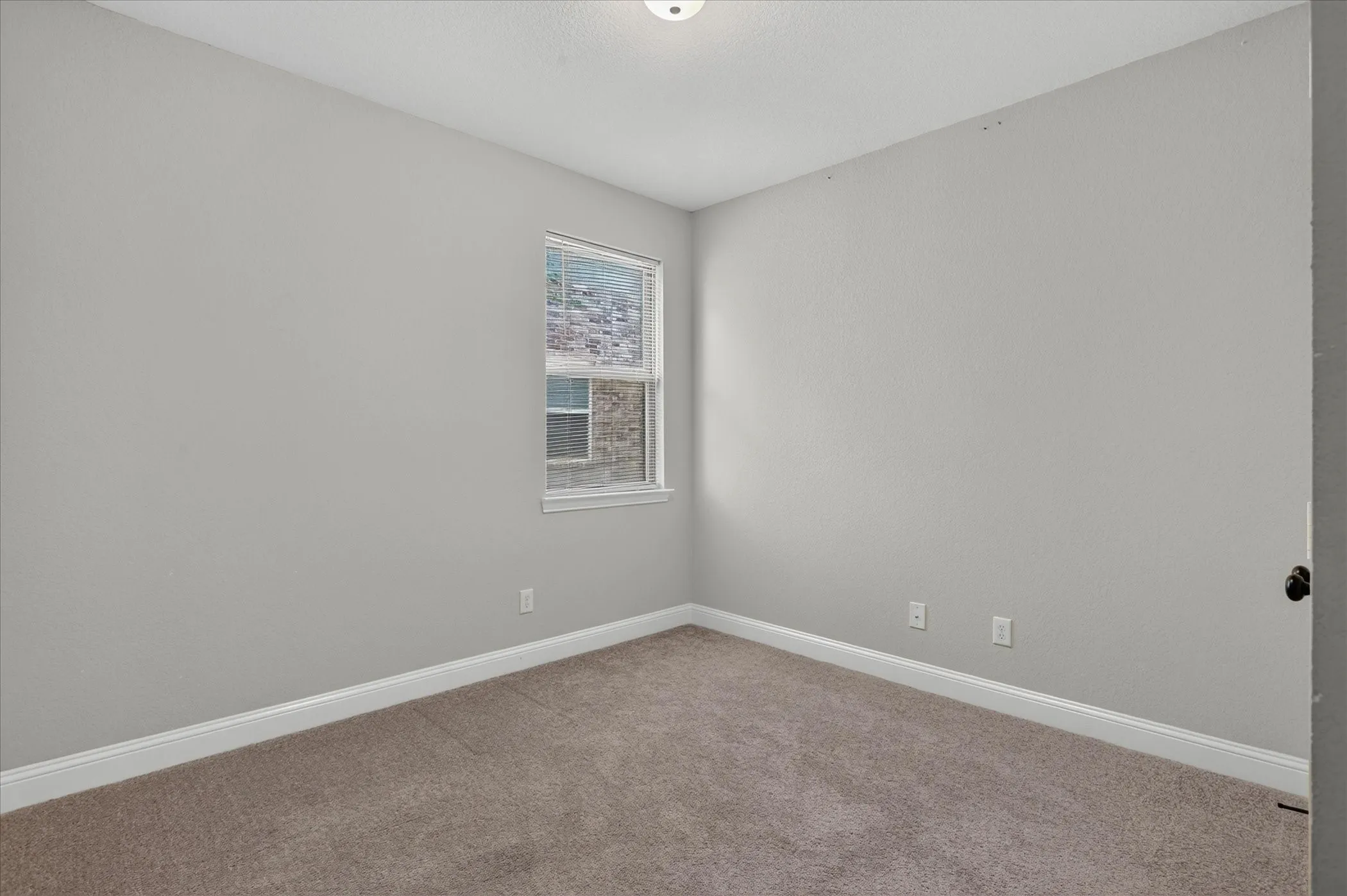 Carpeted room featuring light gray wall paint, a single pane window, white baseboards, and a ceiling-mounted light fixture