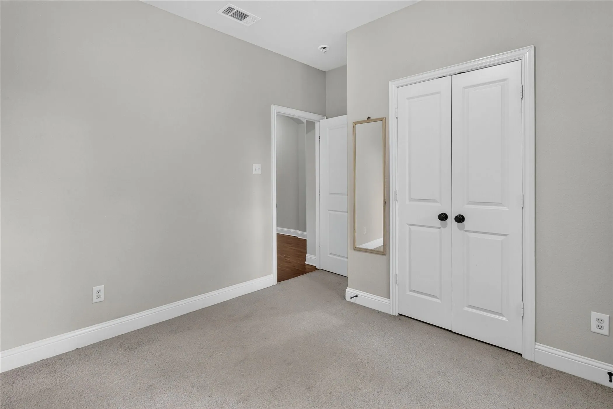 Neutral gray wall color with white trim, light gray carpeting, and white bi-fold doors