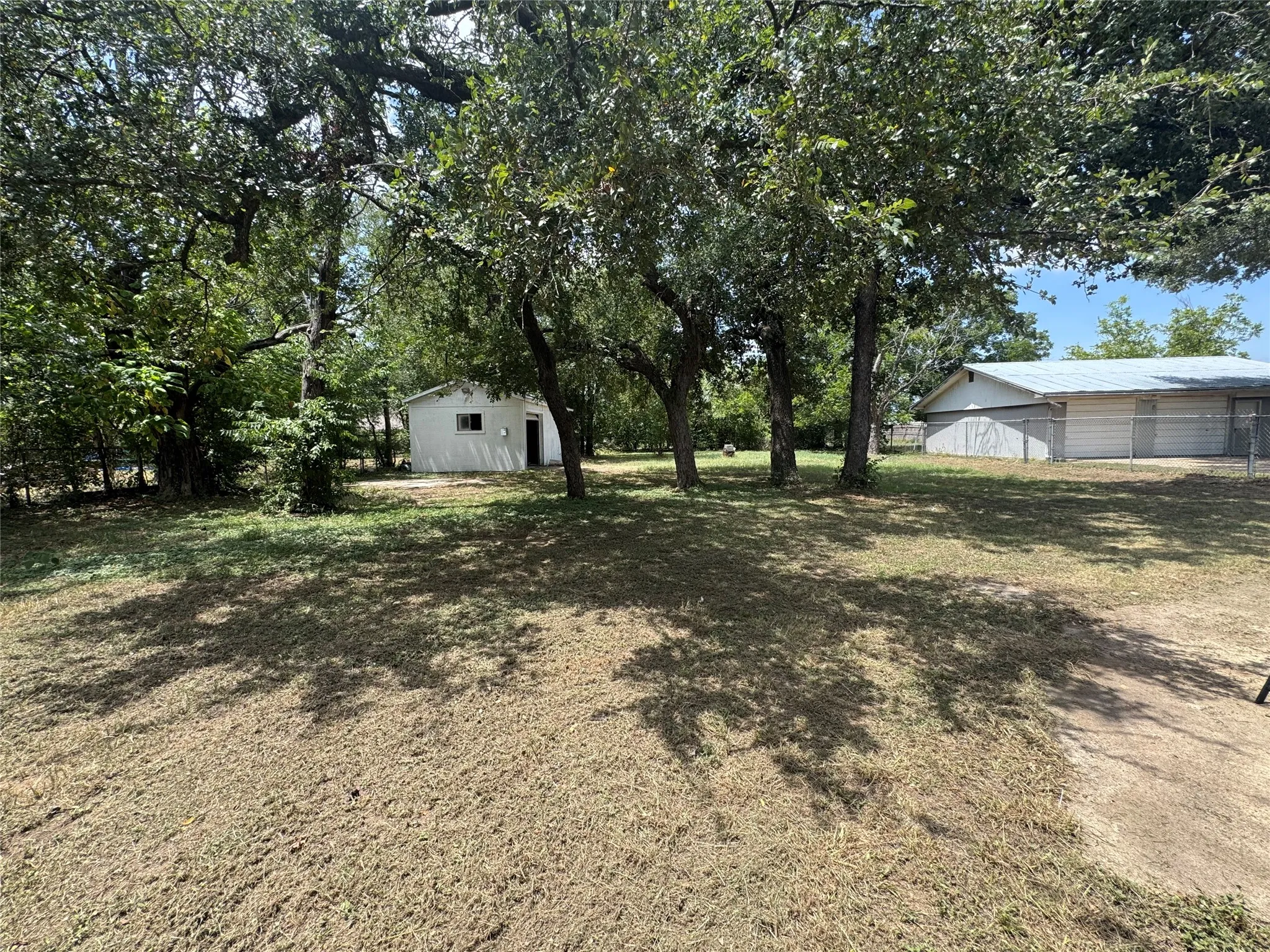 Expansive outdoor area featuring mature trees providing shade, a detached white structure with a single window, and a secondary larger outbuilding with a metal roof
