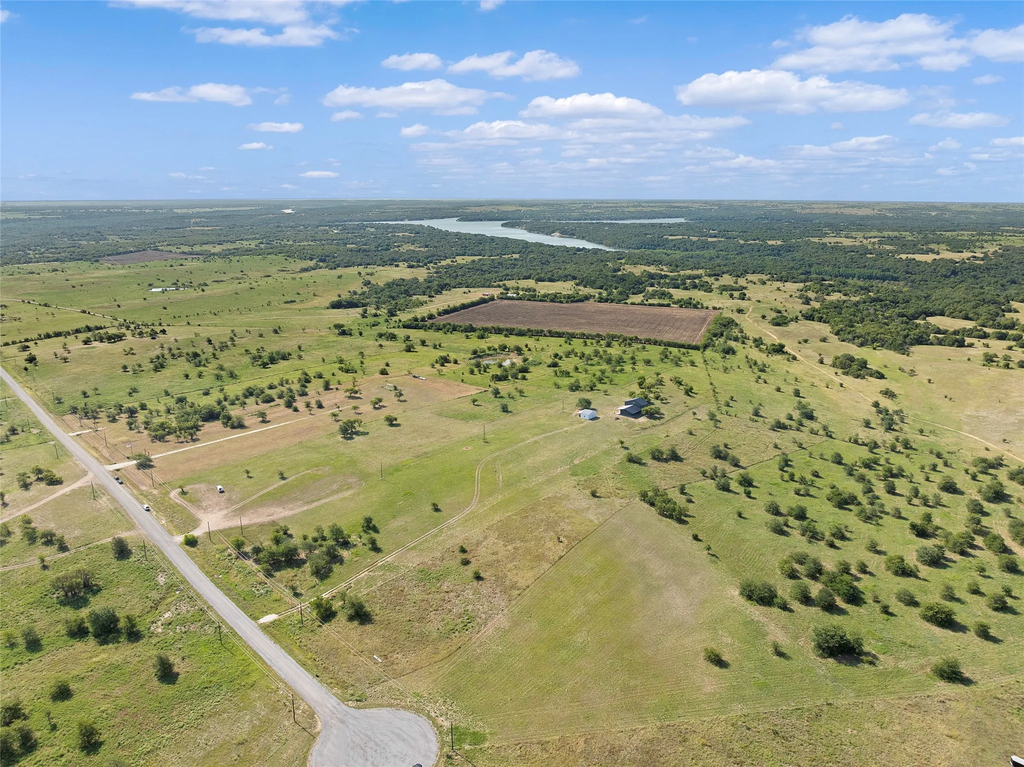 Expansive agricultural landscape featuring vast green fields with scattered trees and a distant body of water