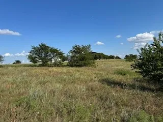 Expansive land parcel featuring open fields and scattered mature trees under a clear blue sky with white clouds