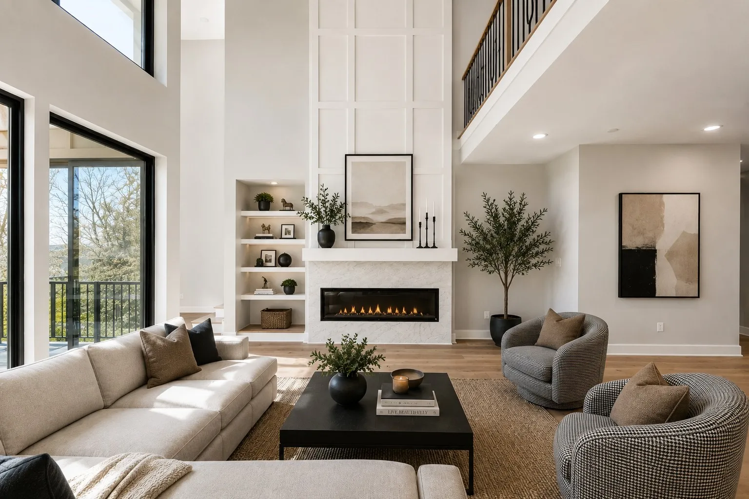 Two-story living area with wood-finish flooring, a contemporary fireplace with a stone surround, and built-in shelving