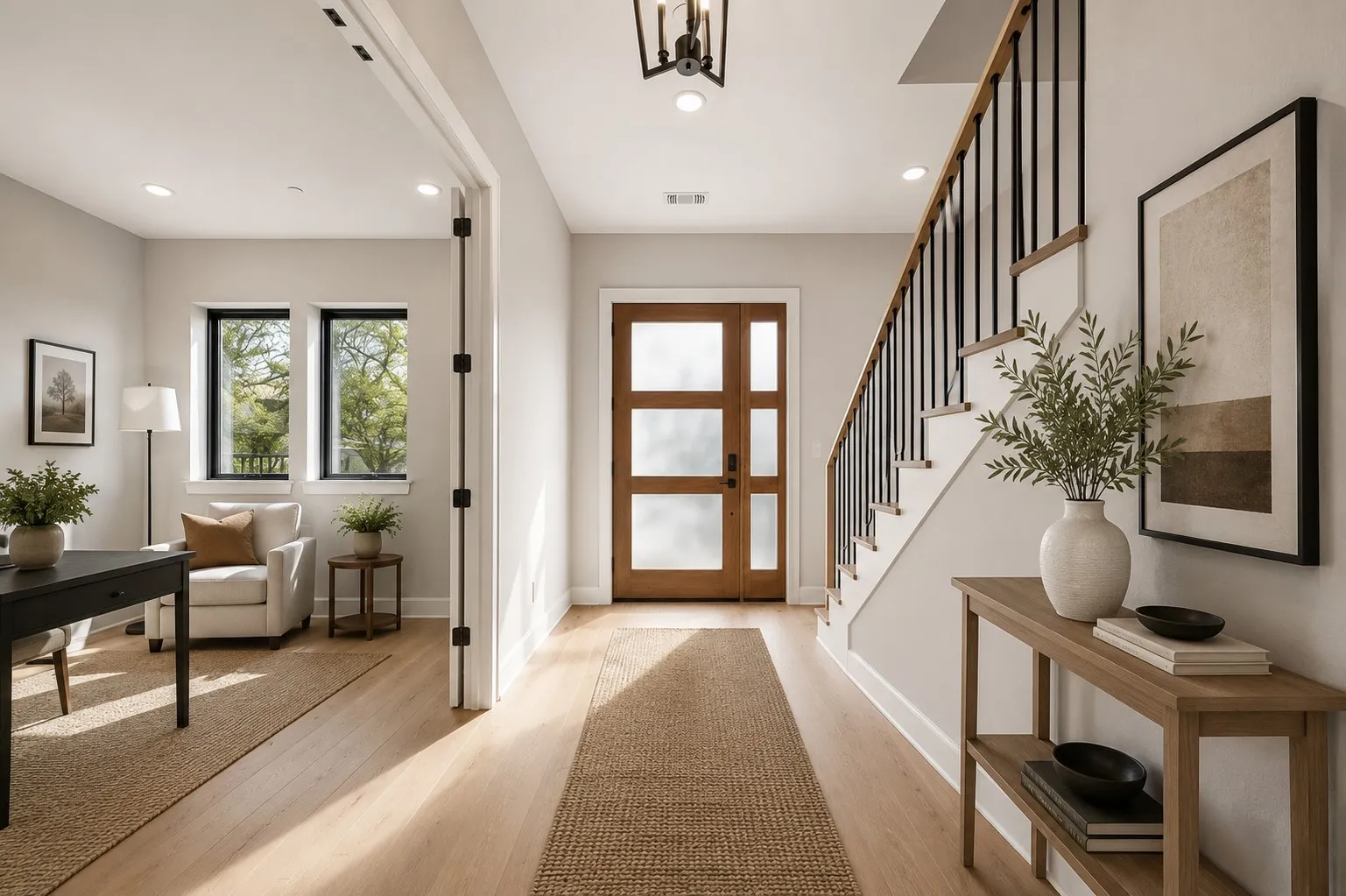 Light wood-finish flooring throughout, a solid wood entry door with frosted glass panels, a staircase with black metal balusters and wood handrail, recessed lighting, and a room featuring black-framed windows