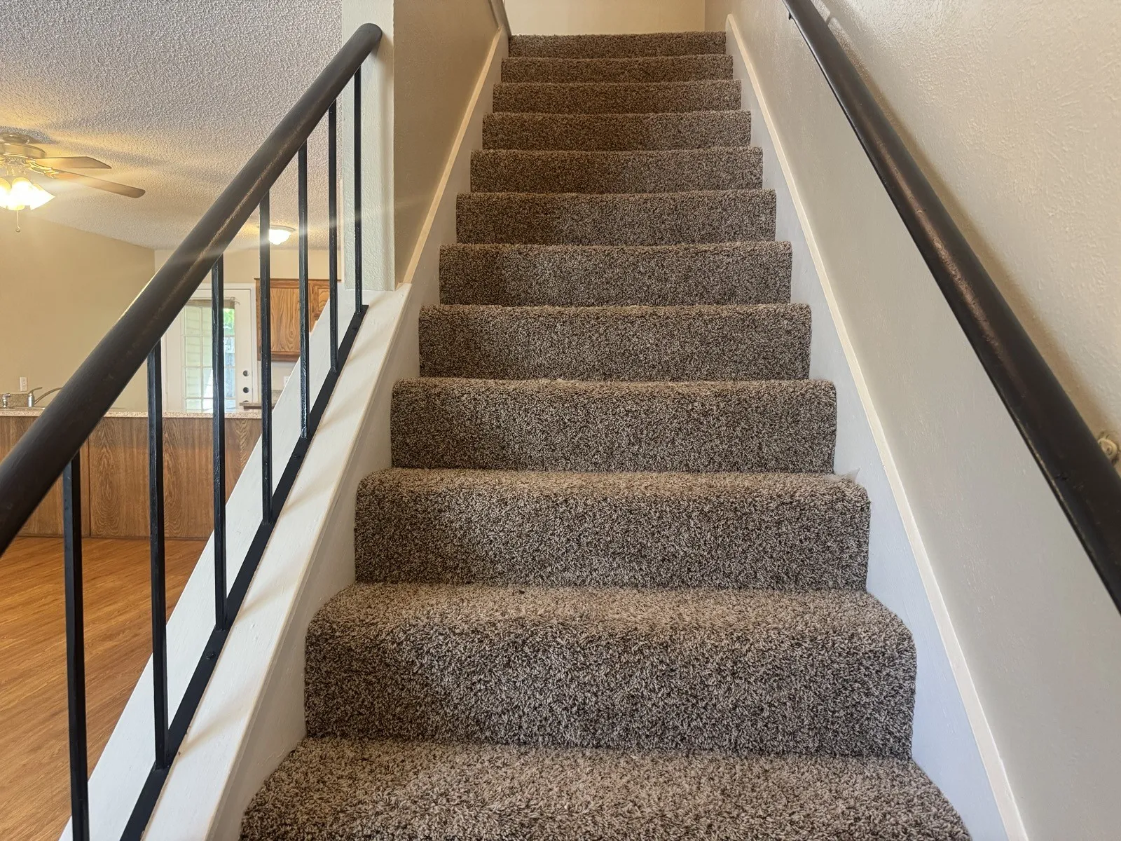 Carpeted staircase with dark metal balusters and a wood handrail