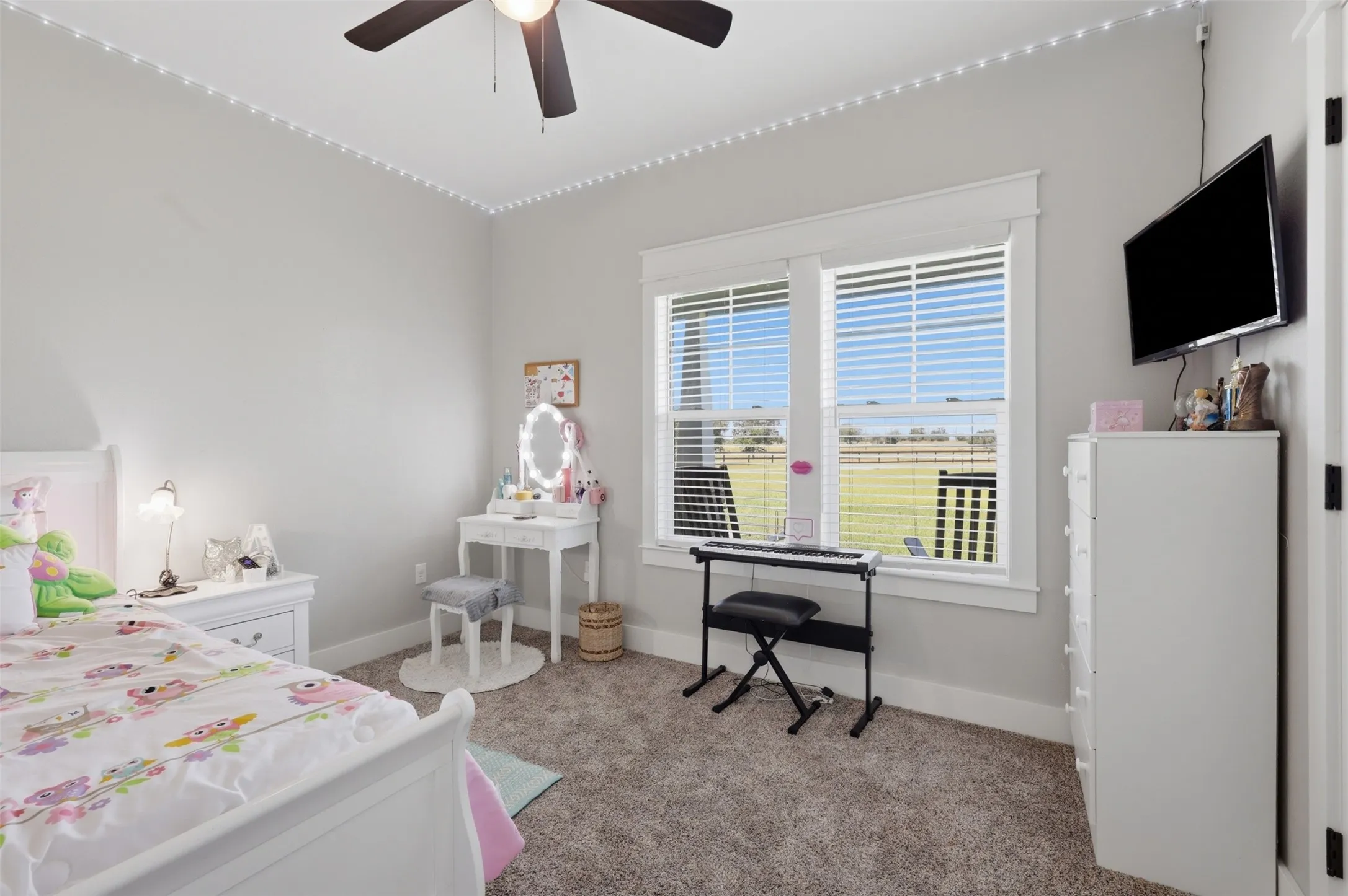 Carpeted room featuring a ceiling fan with integrated lighting, dual windows with horizontal blinds and white trim, and a wall-mounted television