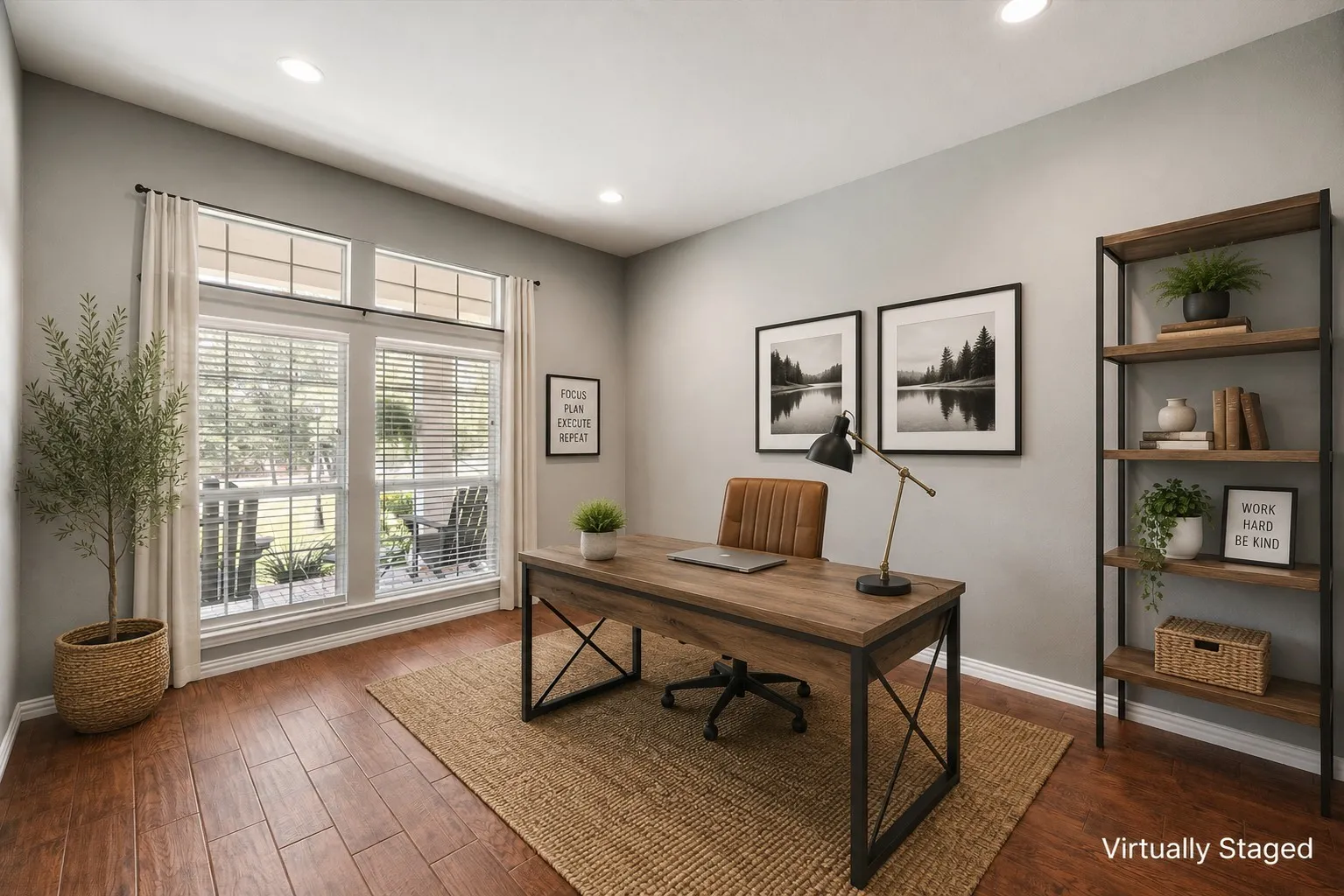 Virtually staged home office highlights a stylish work-from-home space with backyard views and natural light.