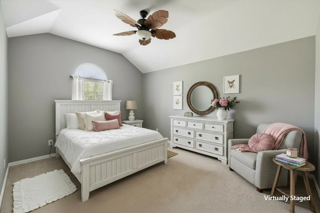 Virtually staged bedroom adds a soft, welcoming look to the split-bedroom floor plan.