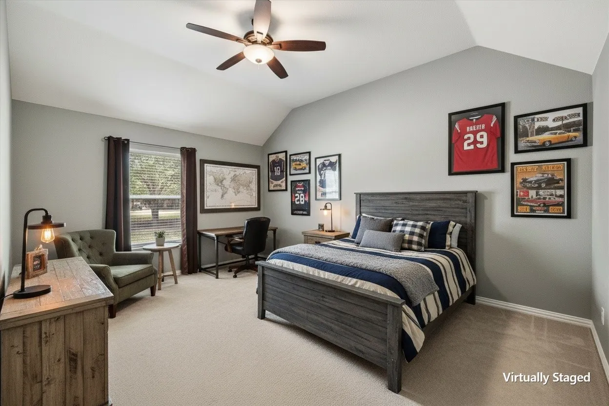 Virtually staged guest bedroom shows a comfortable retreat with a desk nook and sporty teen-friendly style.