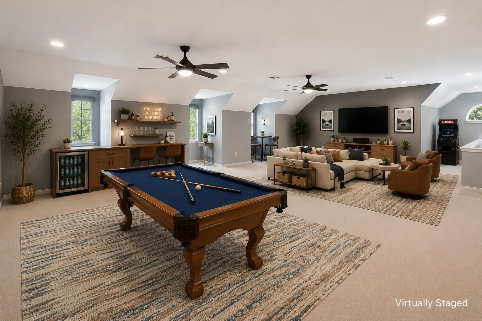Virtually staged game room shows the entertainment potential with a pool table, lounge area, bar, and media space.