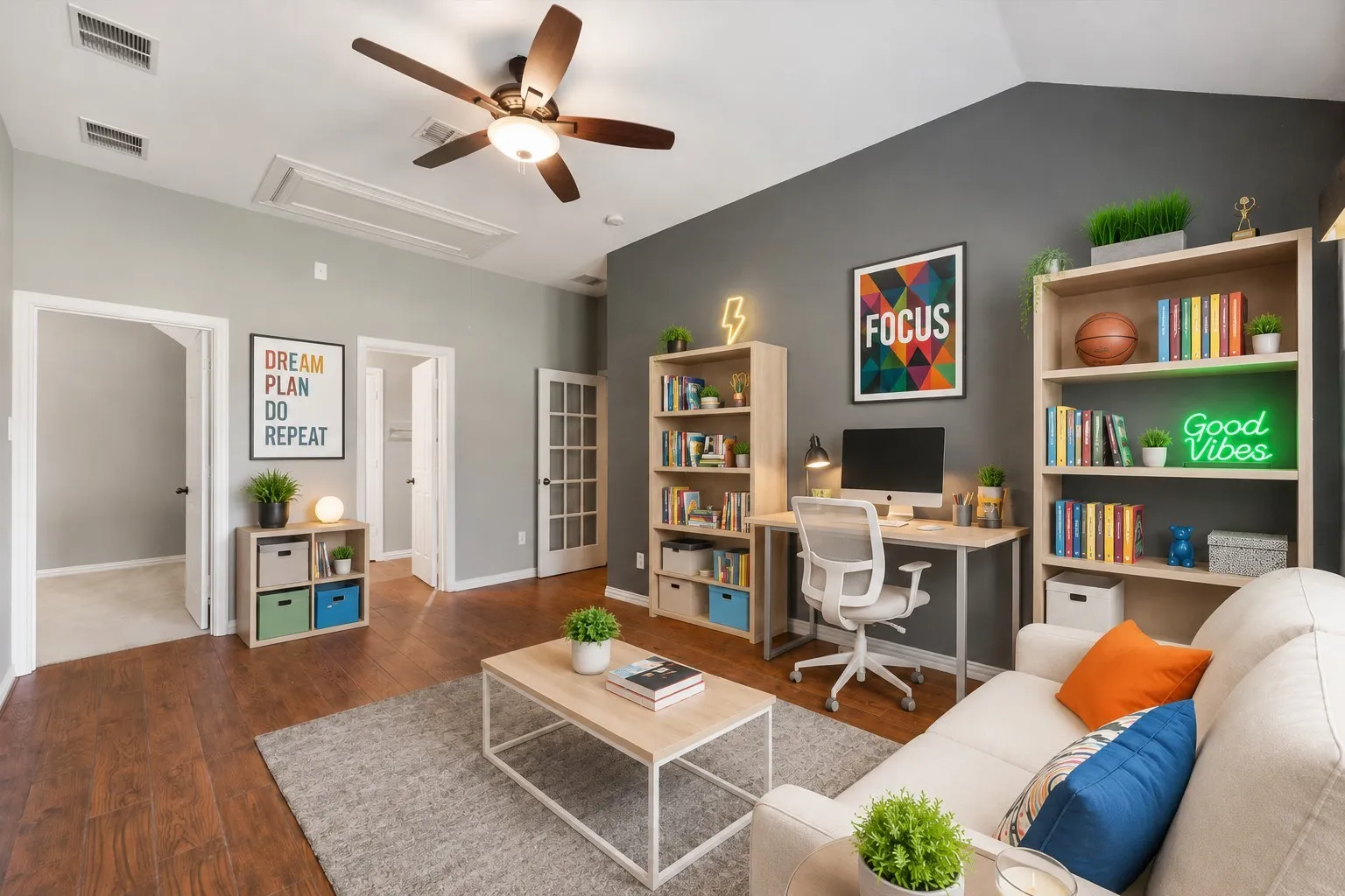 Virtually staged teen study space adds color, function, and personality to this flexible bonus room.