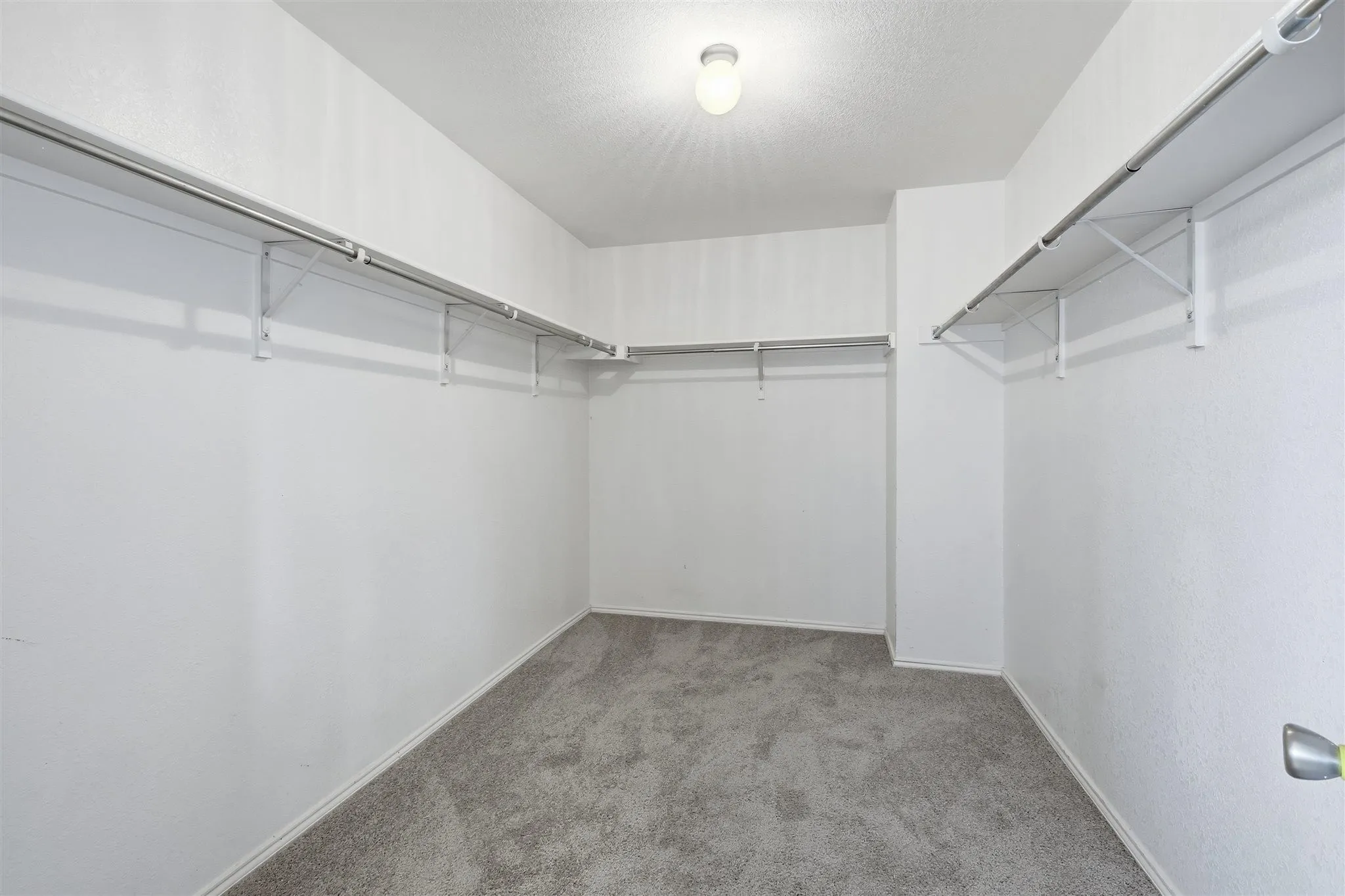 Spacious walk-in closet featuring light gray carpeting, white walls, and built-in shelving with hanging rods