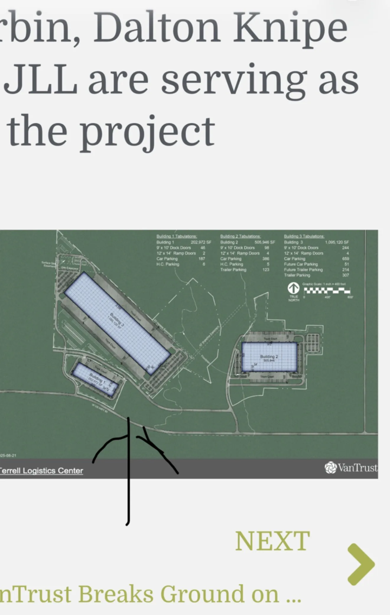 Site Plan. Illustrating the layout of the Terrell Logistics Center and its constituent buildings