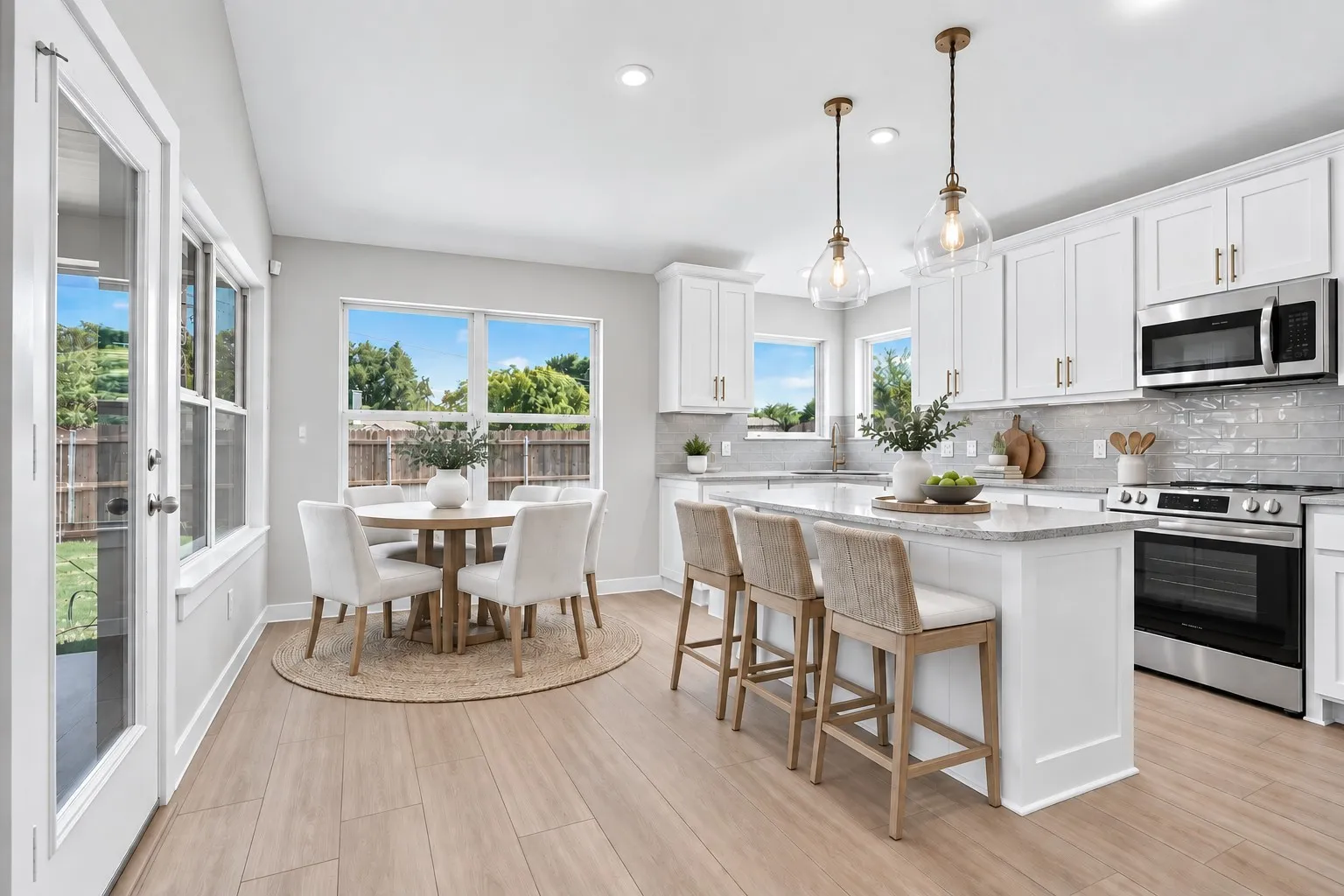White shaker cabinetry with gold-toned hardware, stainless steel appliances, pendant lighting, wood-finish flooring, and a kitchen island with seating