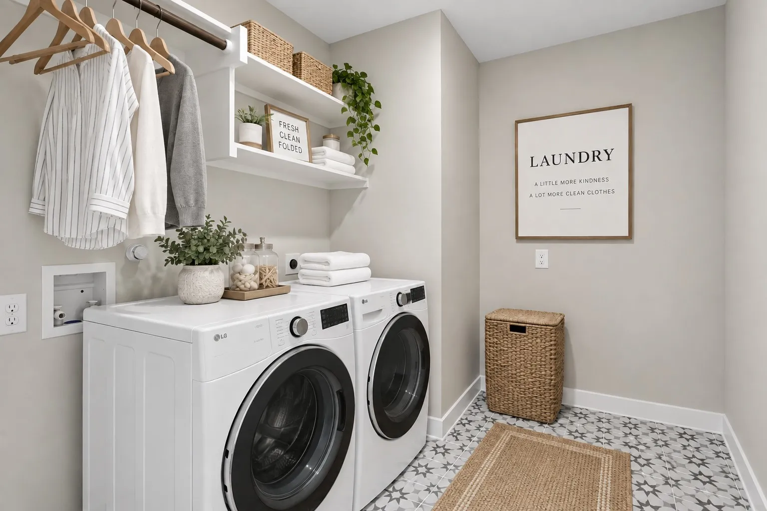 Laundry area featuring patterned floor tile, white wall shelving, and a garment hanging rod