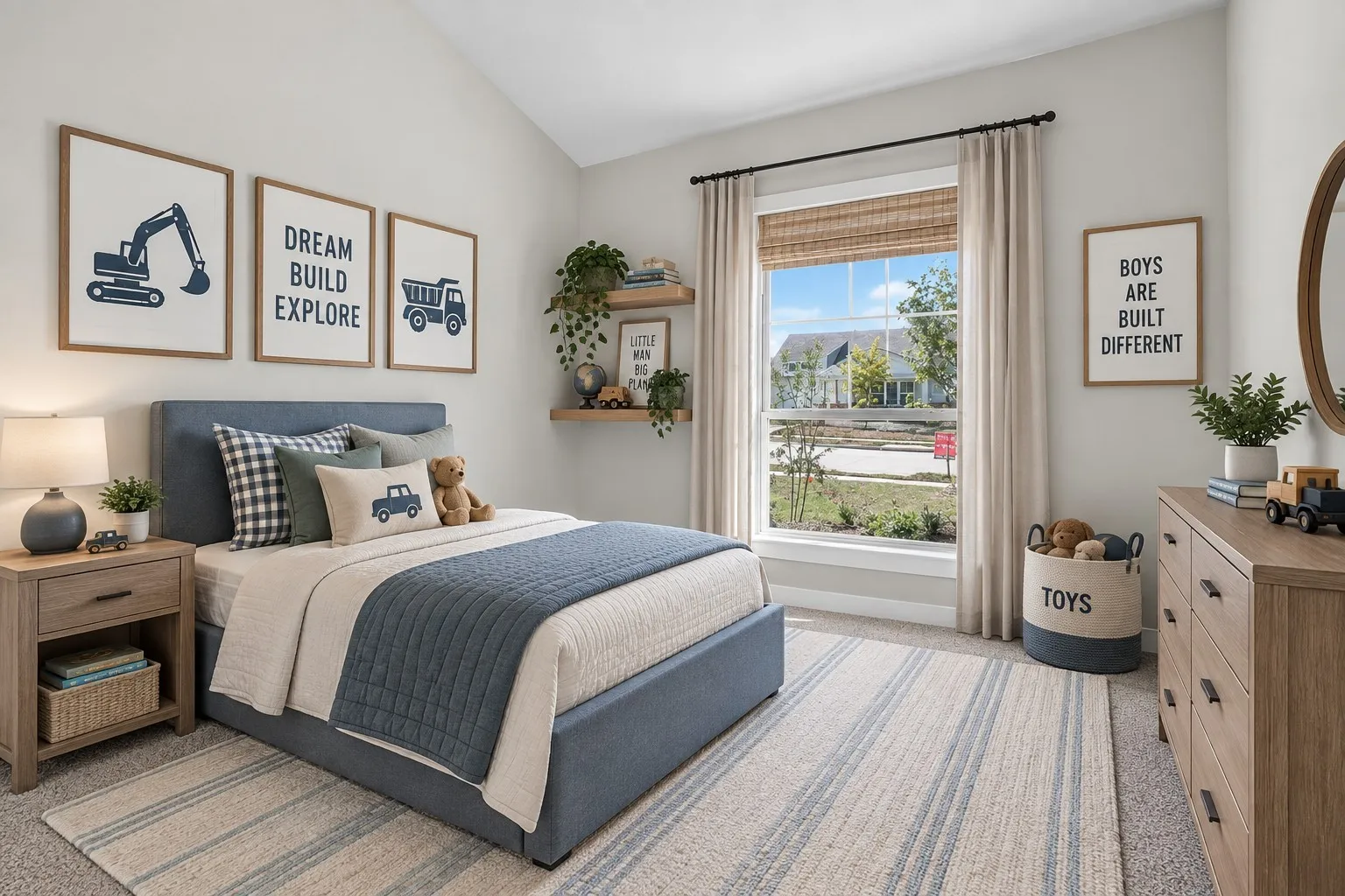 Vaulted ceiling, large window, light-colored walls, wood-finish flooring, built-in shelving