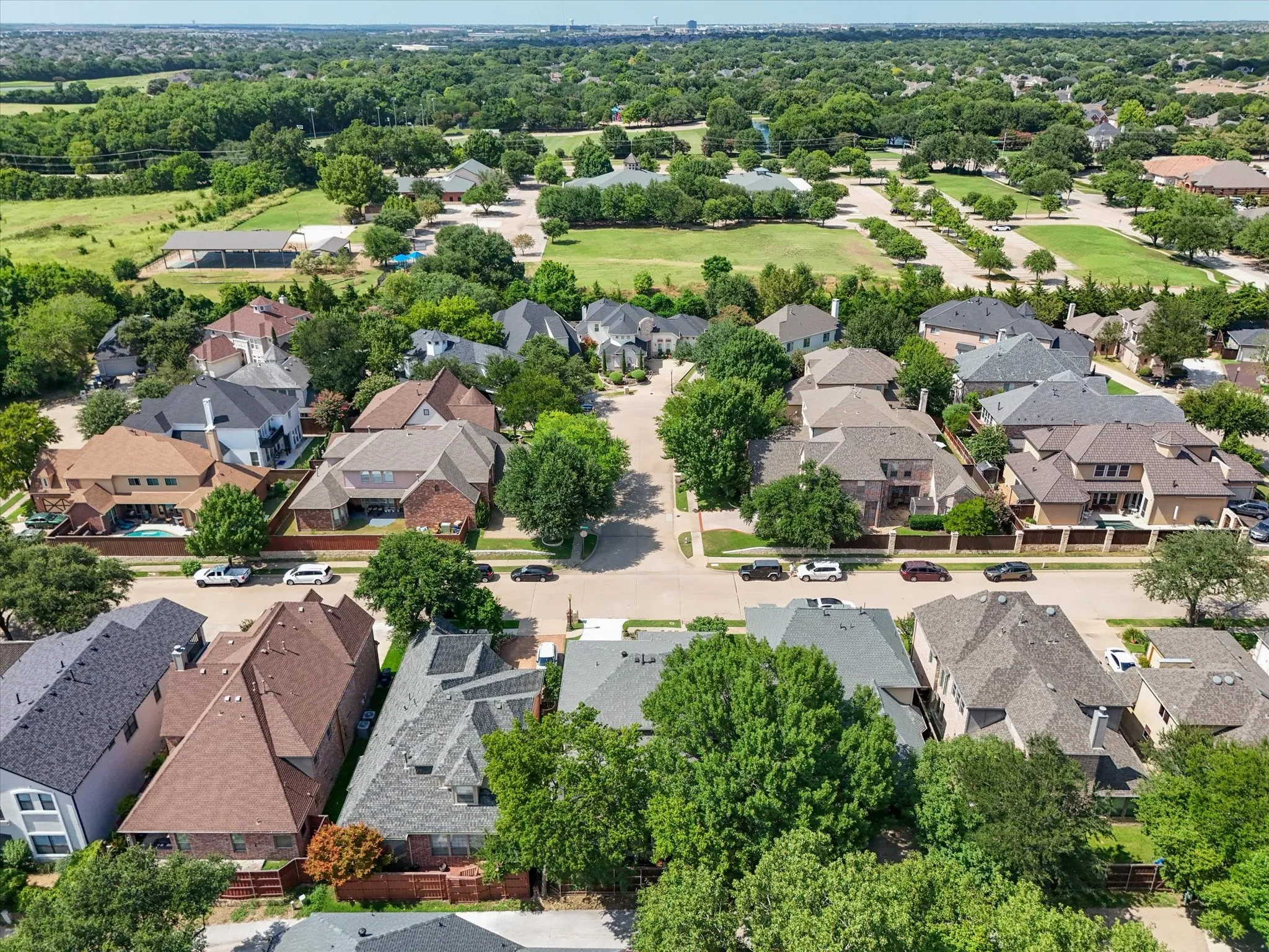 Aerial perspective of a residential neighborhood close to the various Parks