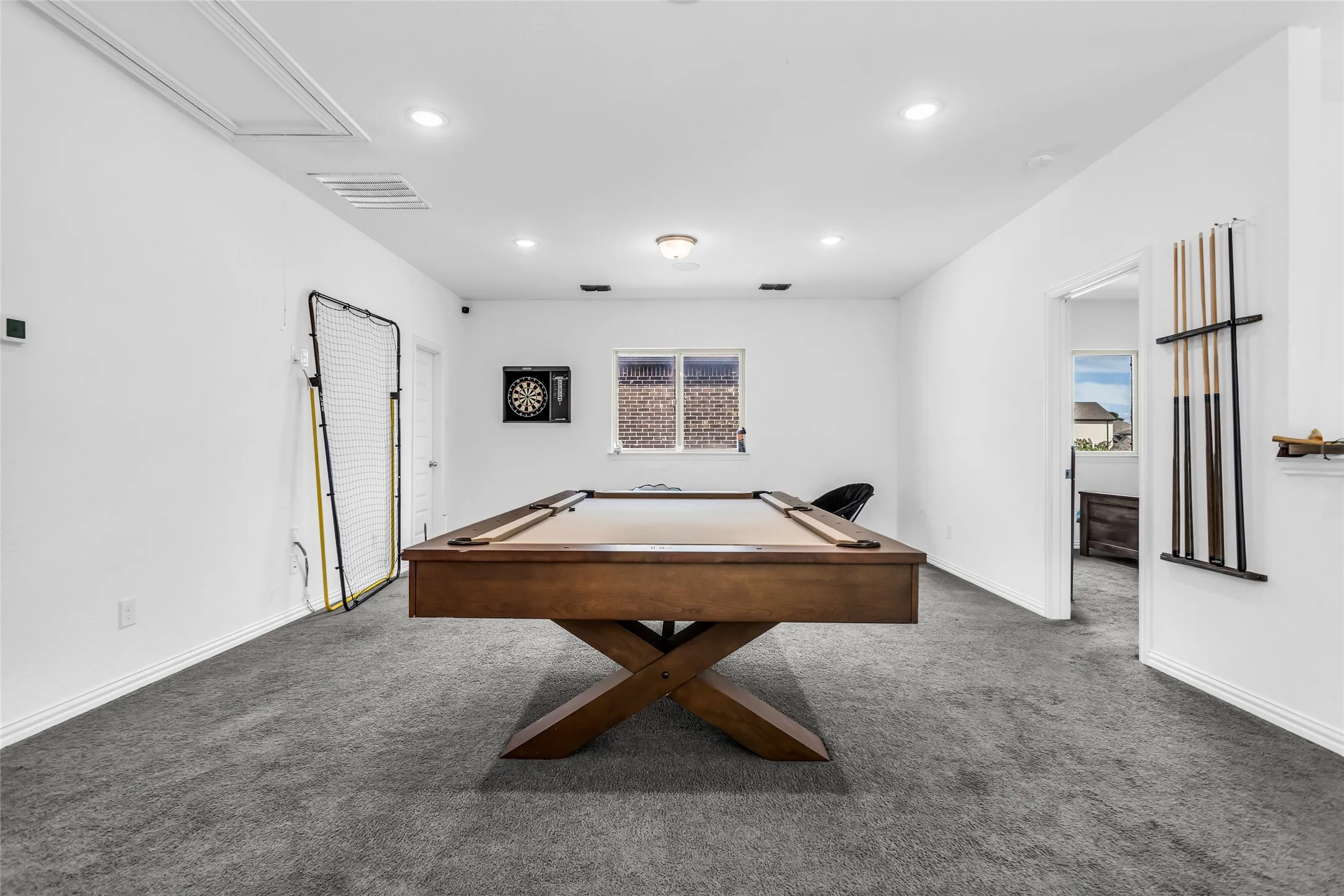 Game room featuring carpet flooring, billiards, and recessed lighting