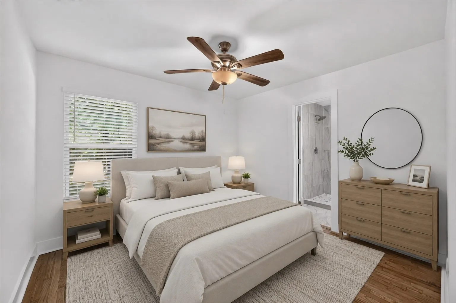 Virtually staged...Bedroom featuring wood-finish flooring, a ceiling fan with integrated lighting, and a window with blinds