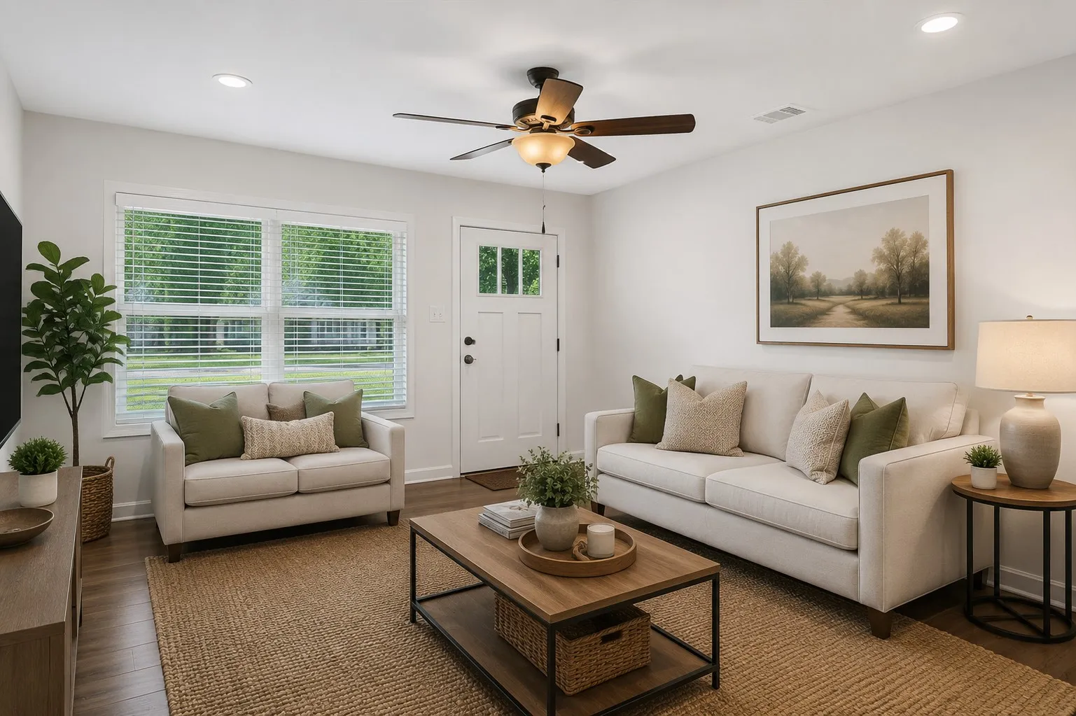 Virtually staged ...Spacious living area featuring wood-finish flooring, a ceiling fan with integrated lighting, and recessed ceiling lighting