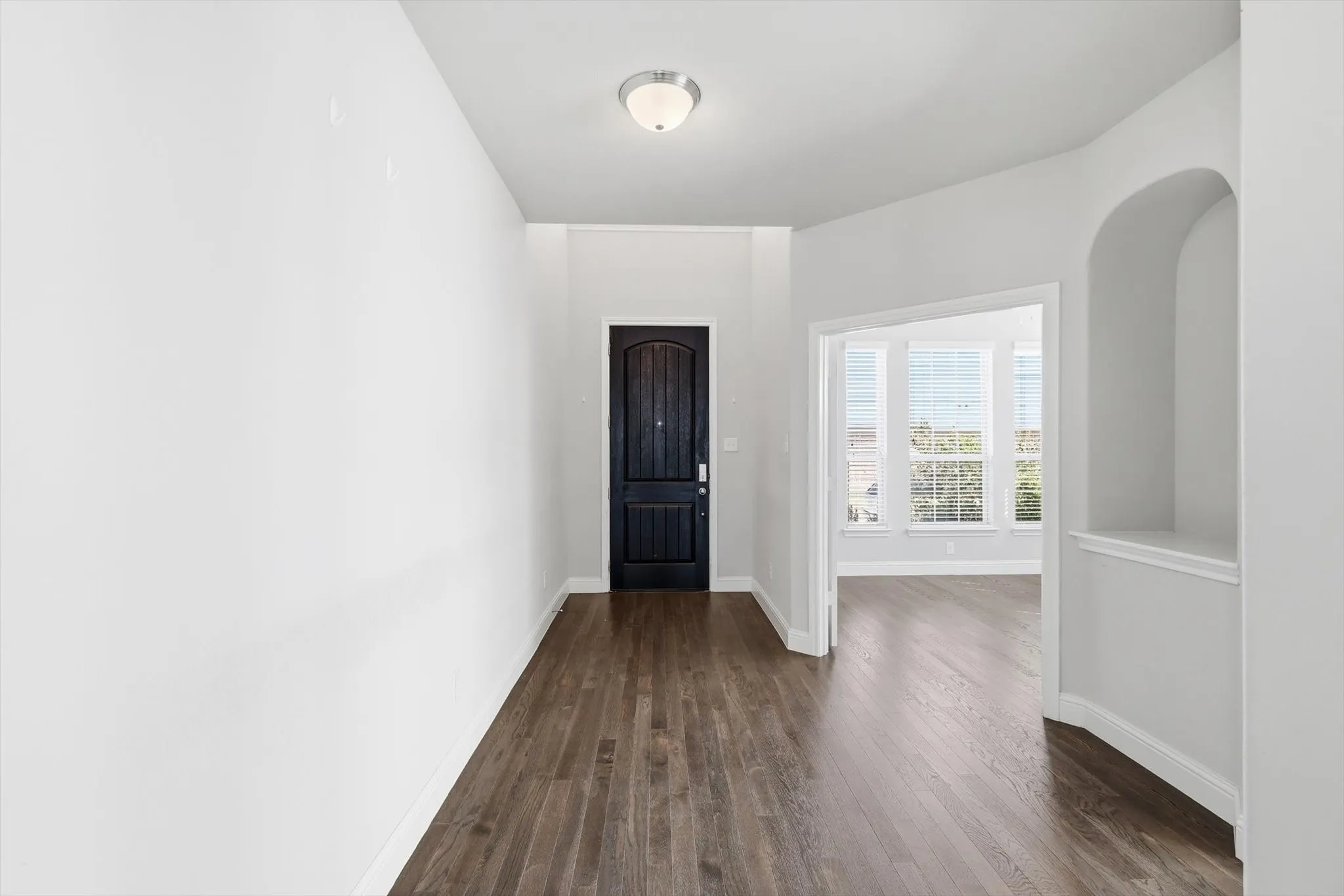 Entryway featuring wood-finish flooring, a dark paneled door, flush-mount ceiling lighting, and an arched built-in niche