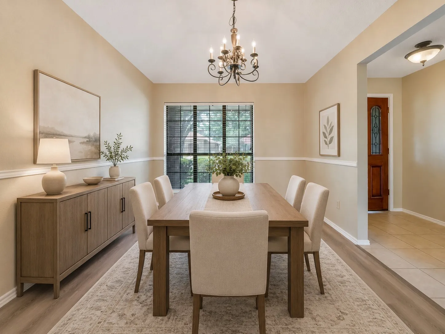 Dining space featuring wood-finish flooring, a contemporary chandelier, and a large window with horizontal blinds -virtually staged to illustrate possible furniture placement.