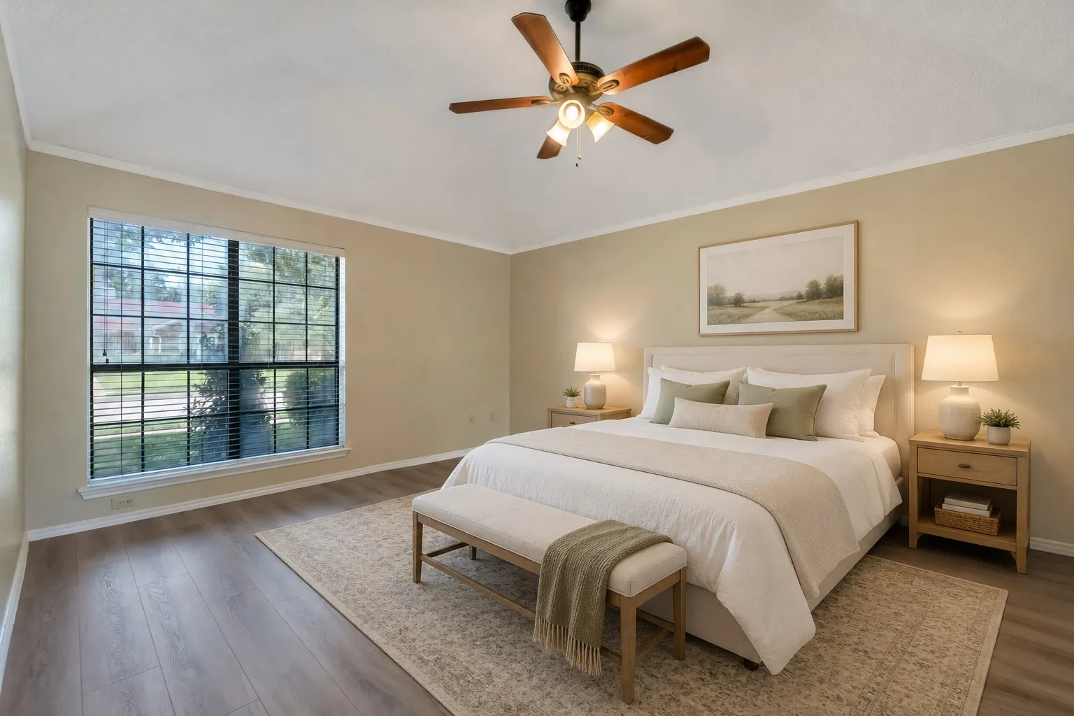 
Spacious bedroom featuring Luxury Vinyl flooring, a large window with blinds, and crown molding -virtually staged to illustrate possible furniture placement.