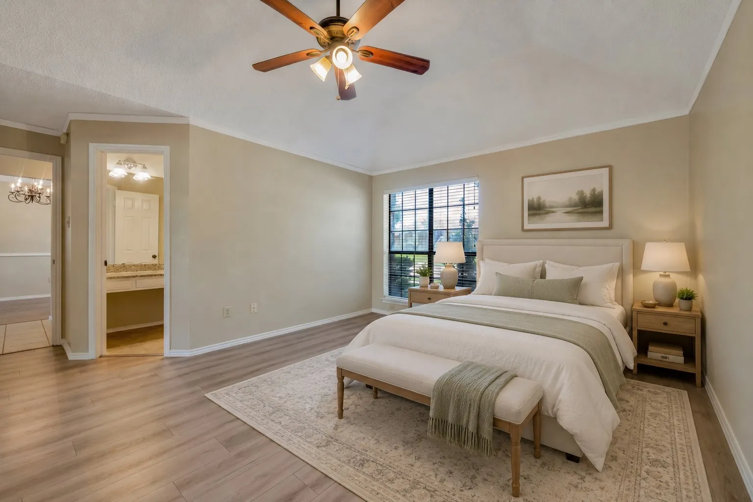 Bedroom featuring Luxury Vinyl flooring, a ceiling fan with integrated lighting, and a large window with horizontal blinds -virtually staged to illustrate possible furniture placement.