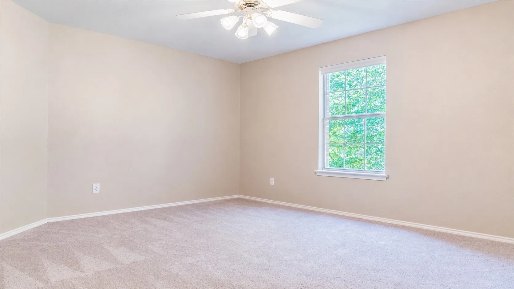 Carpeted room featuring a single window and a ceiling fan with integrated lighting