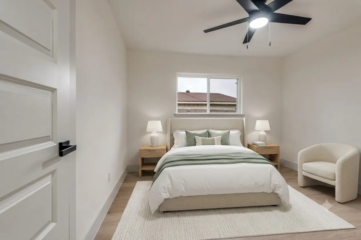 Virutally Staged Bedroom with wood-finish flooring, a contemporary ceiling fan, and a large window