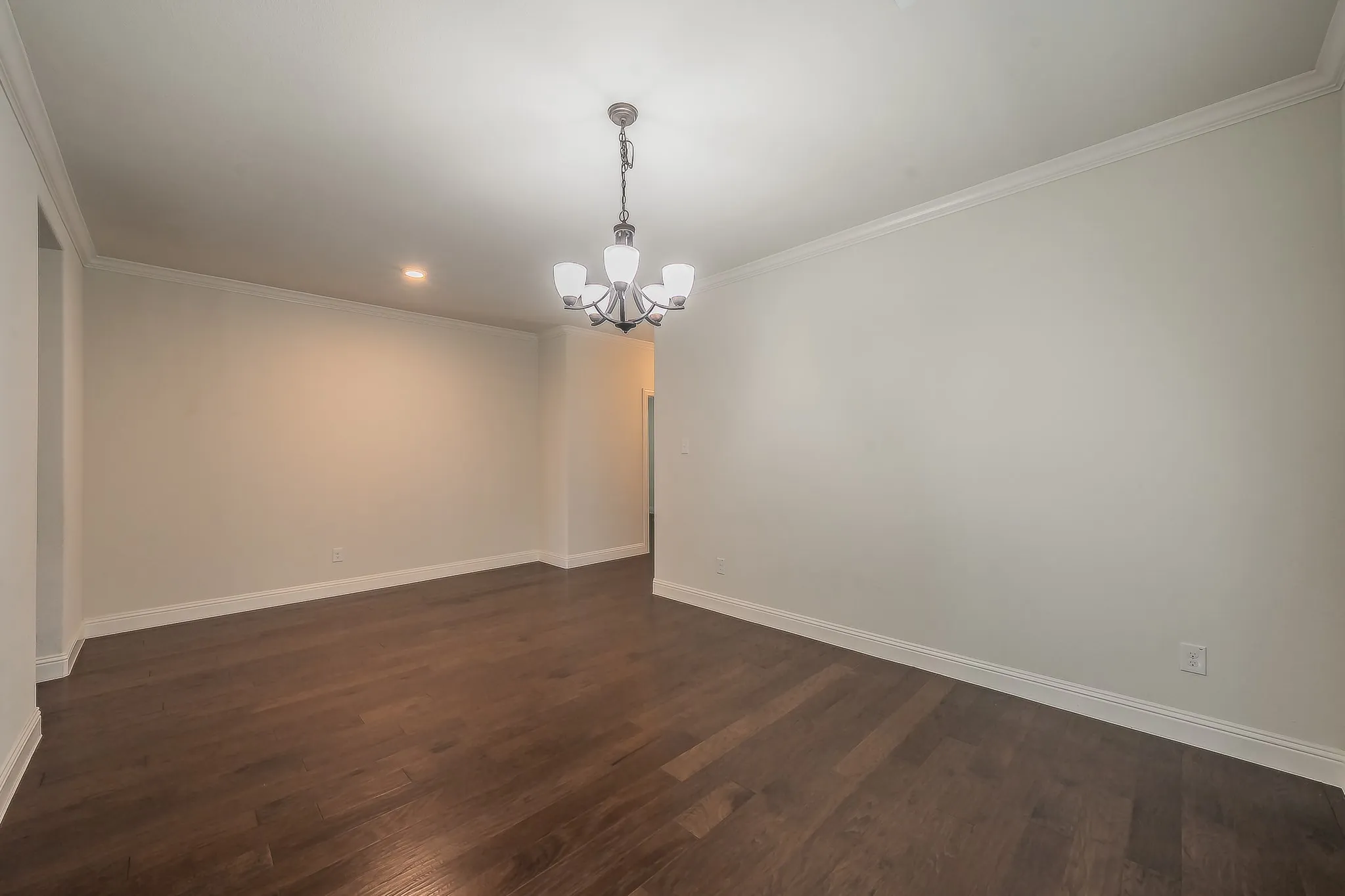 Spacious room featuring dark wood-finish flooring, white walls, and bright white crown molding