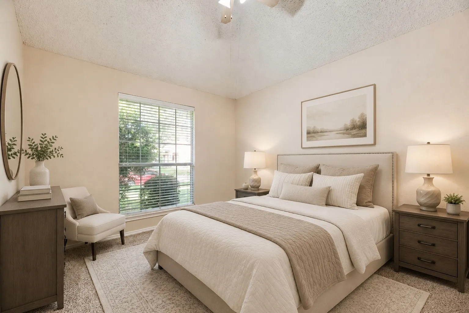 Carpeted bedroom featuring a vaulted ceiling and a ceiling fan