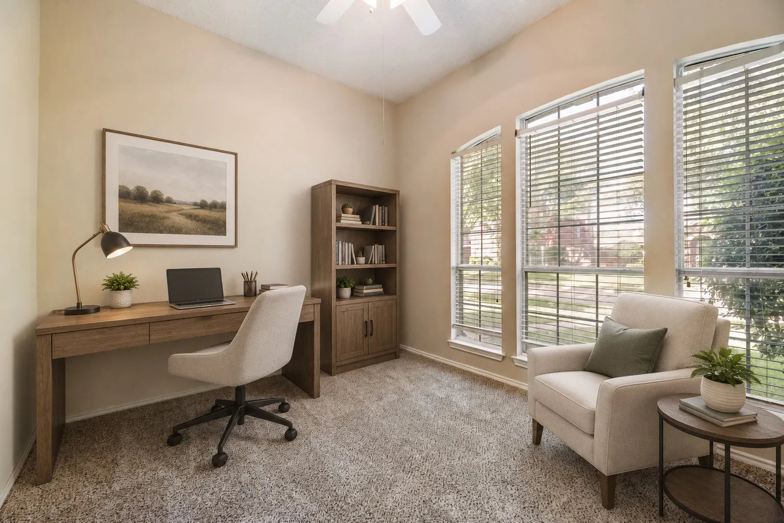 Room featuring vaulted ceilings, plush carpeting, and three arched windows with blinds