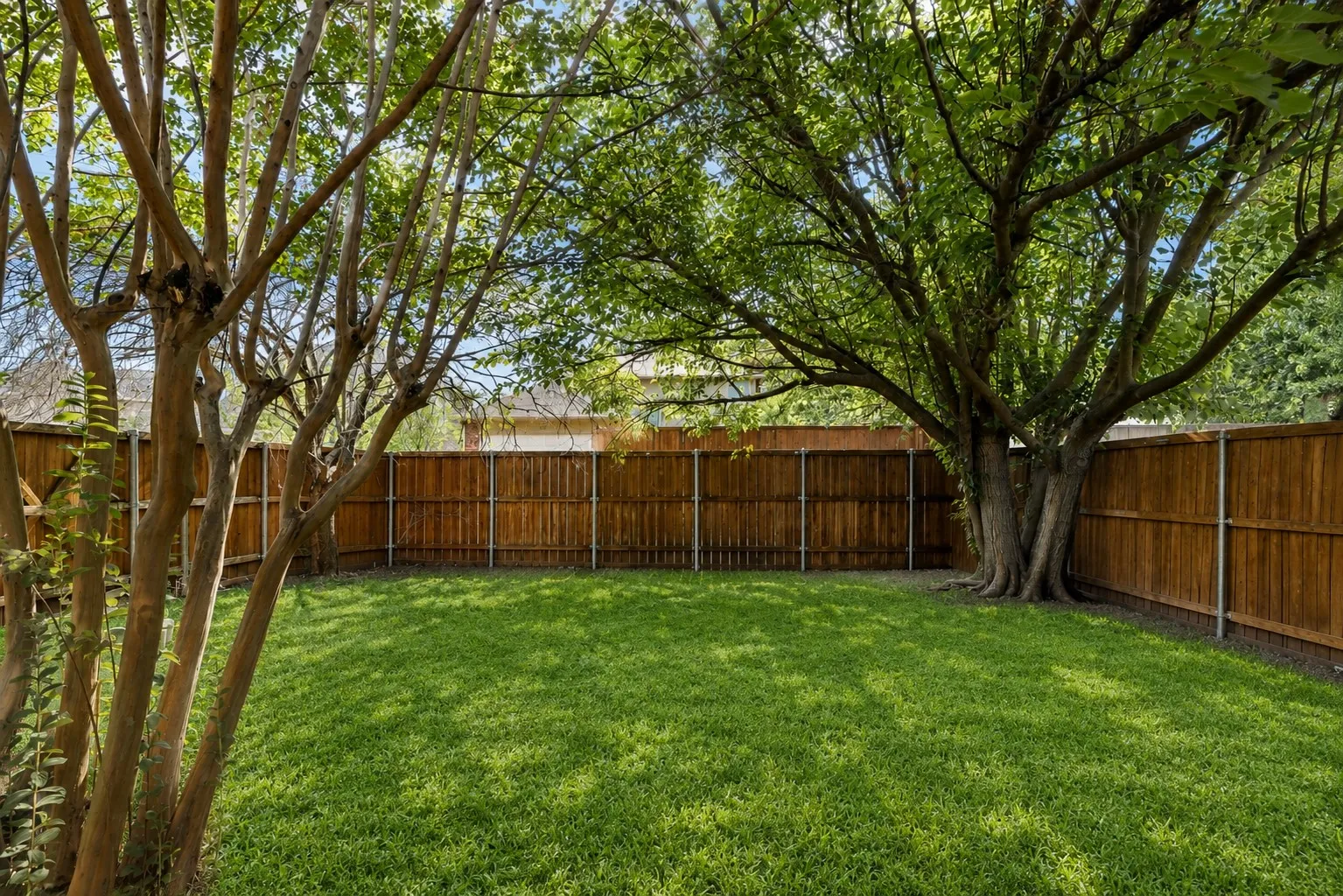 Expansive backyard featuring a manicured lawn, established trees providing ample shade, and a privacy fence