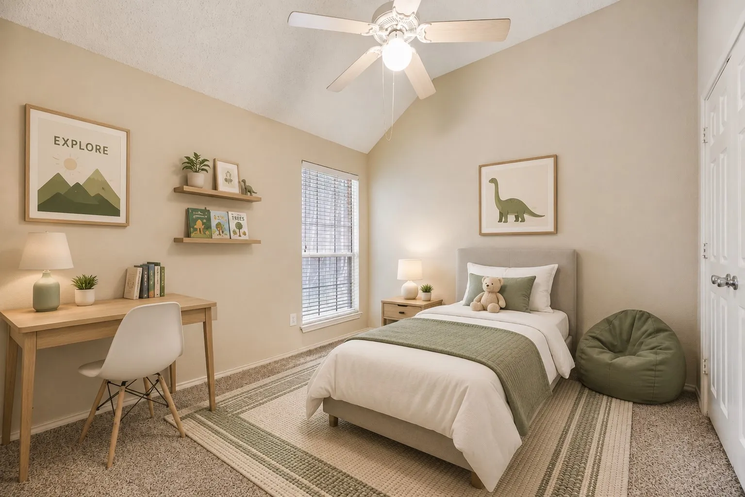Vaulted ceiling room featuring a ceiling fan with integrated lighting, a window with blinds, and neutral carpet flooring