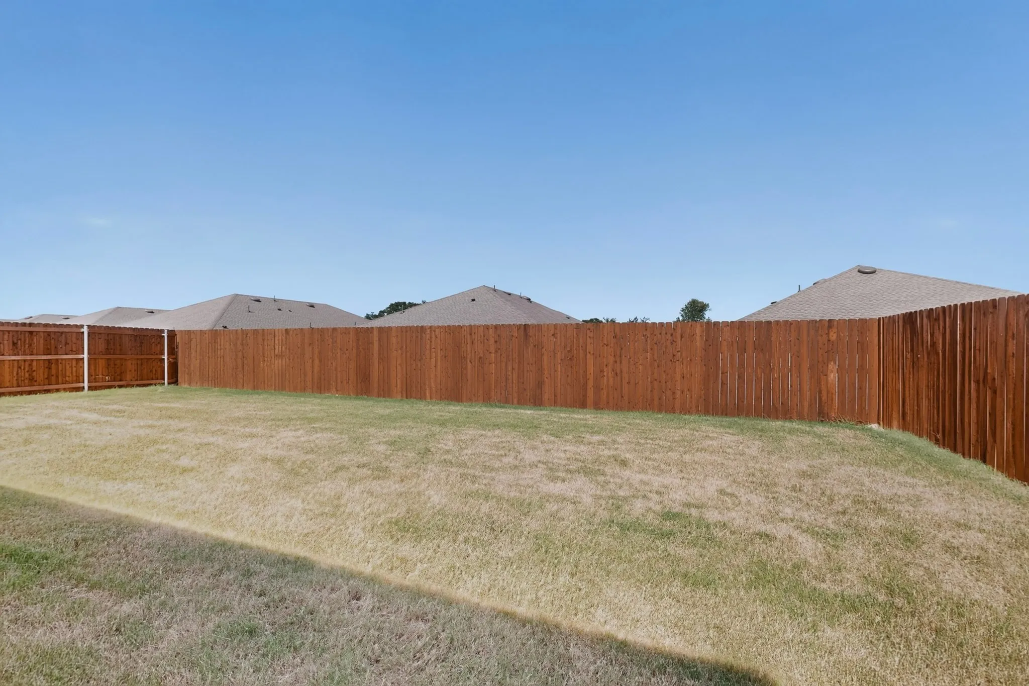 Expansive backyard featuring a stained wood privacy fence and a large grass lawn