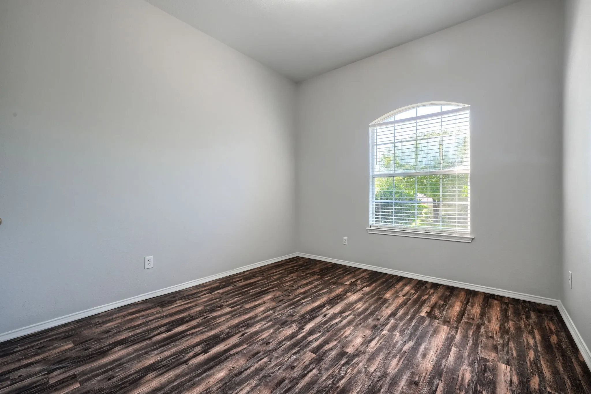 Room featuring an arched window with blinds, wood-finish flooring, white baseboards, and light gray walls