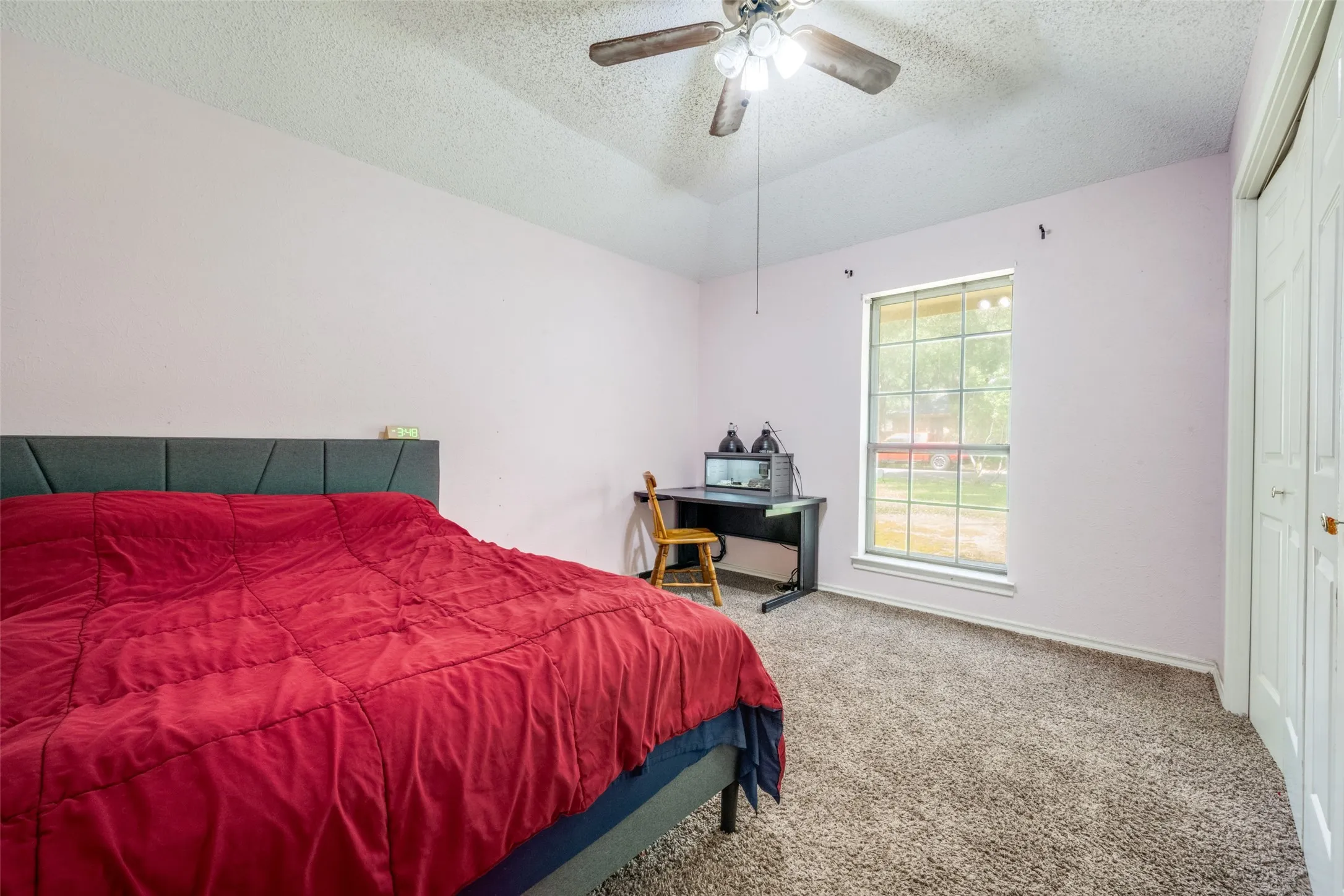 Well-lit room featuring a window with exterior views, textured carpeting, a ceiling fan with integrated lighting, and bi-fold closet doors