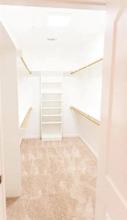 Walk-in closet with integrated shelving, multiple hanging rods, and neutral-toned carpeting