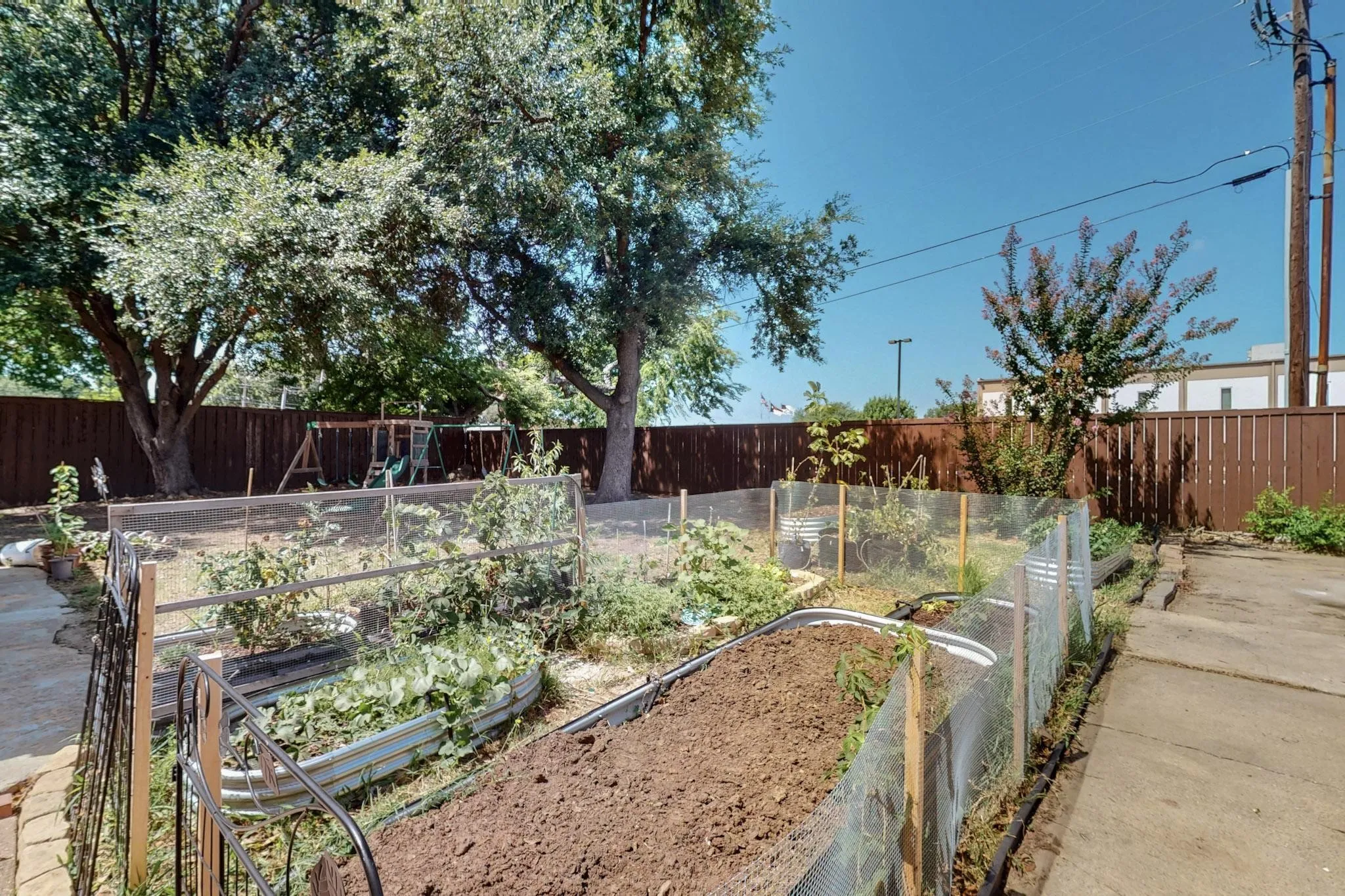 Expansive backyard featuring multiple raised garden beds, mature trees, a wooden privacy fence, and a concrete pathway