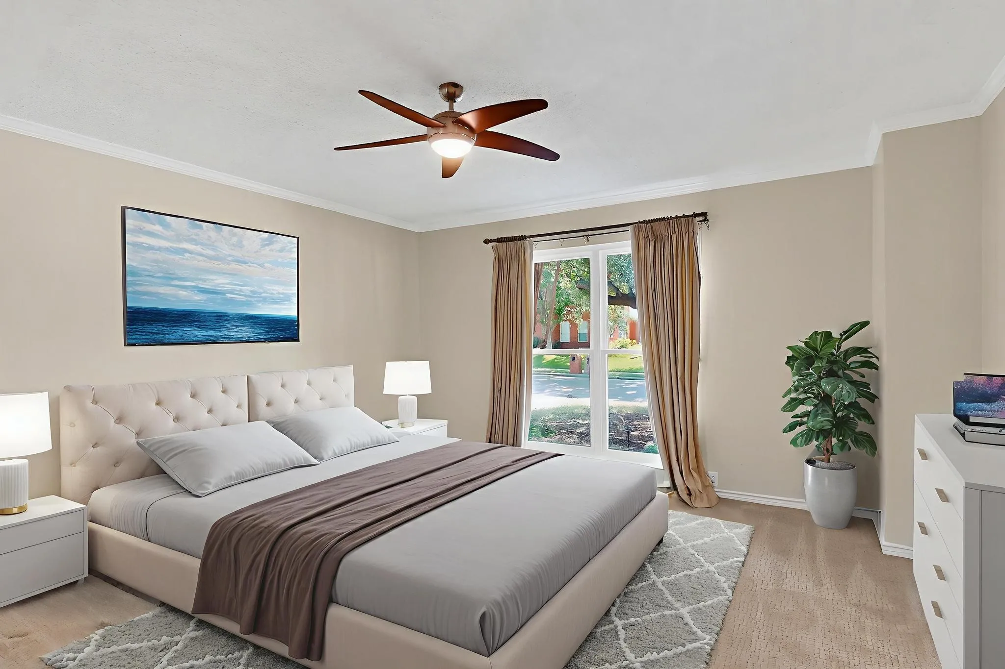 Bedroom featuring neutral wall tones and crown molding