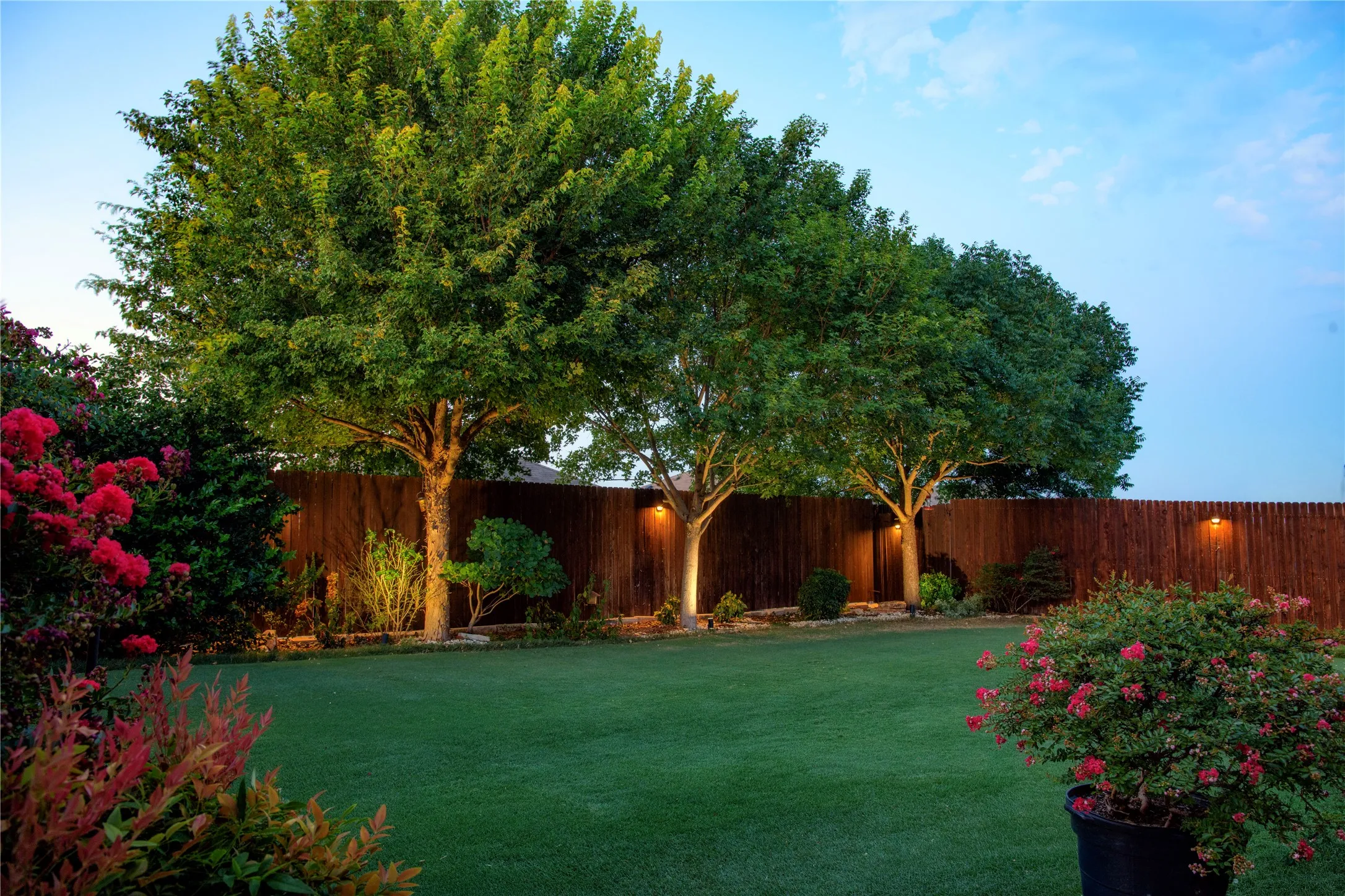 Expansive yard featuring a manicured lawn, mature trees, and a privacy fence with integrated lighting