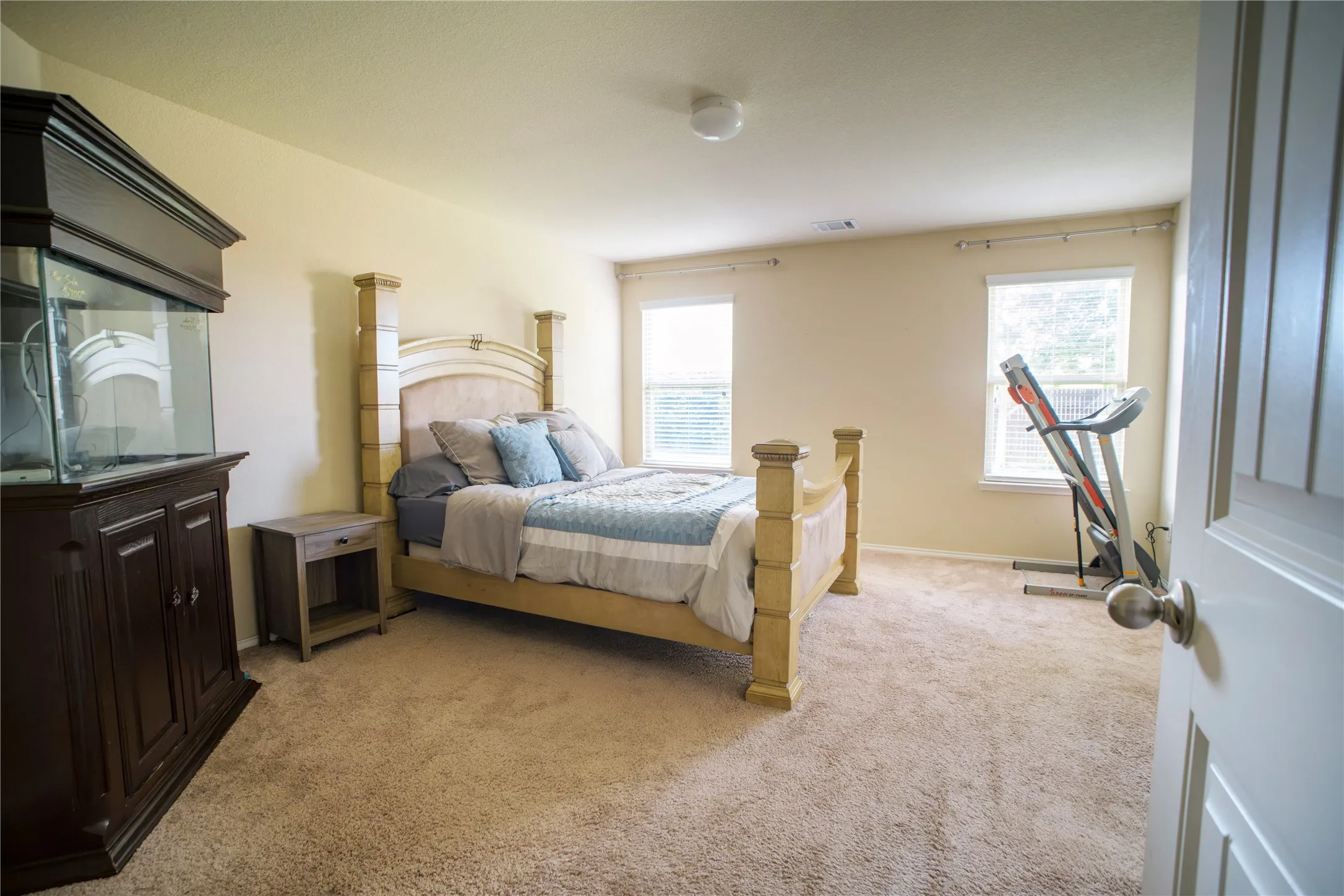 Carpeted interior room with multiple windows, neutral wall tones, and a paneled door