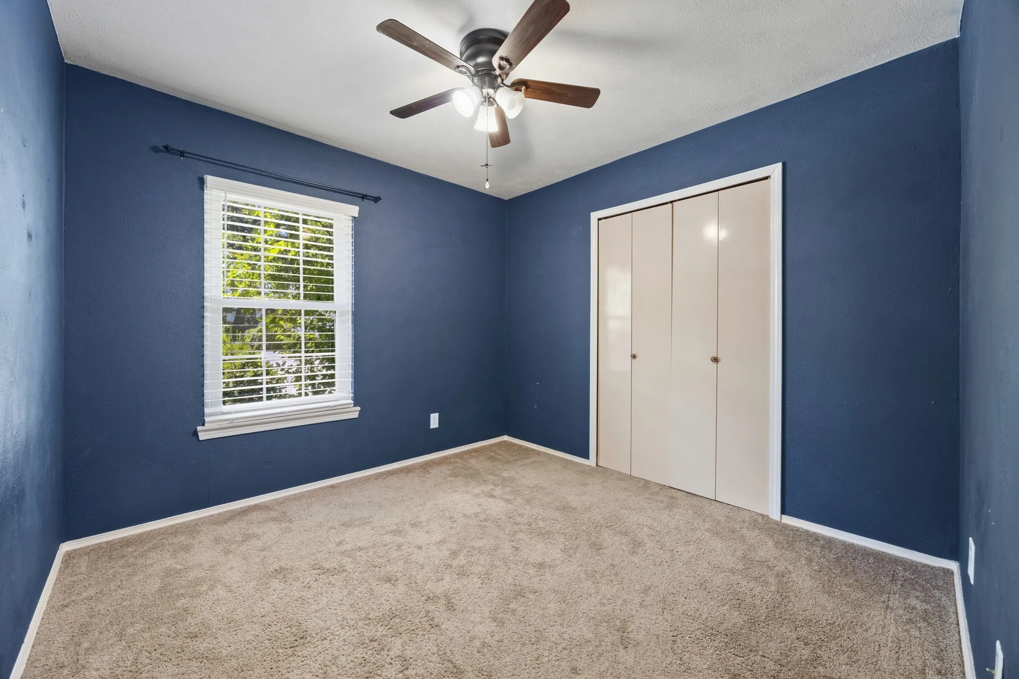 Secondary bedroom with bold navy walls, neutral carpet,
and a mirrored reach-in closet.