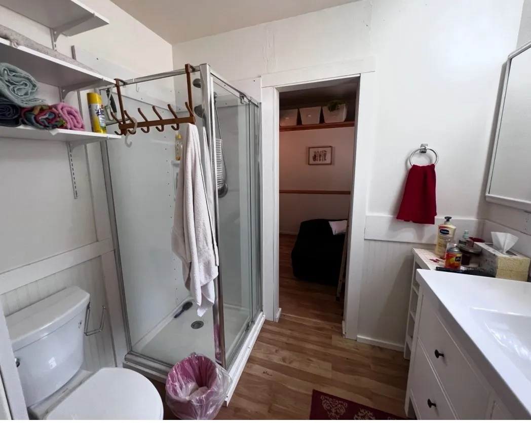 Compact bathroom featuring a stand-up shower enclosure, white vanity with integrated sink, toilet, and wood-finish flooring