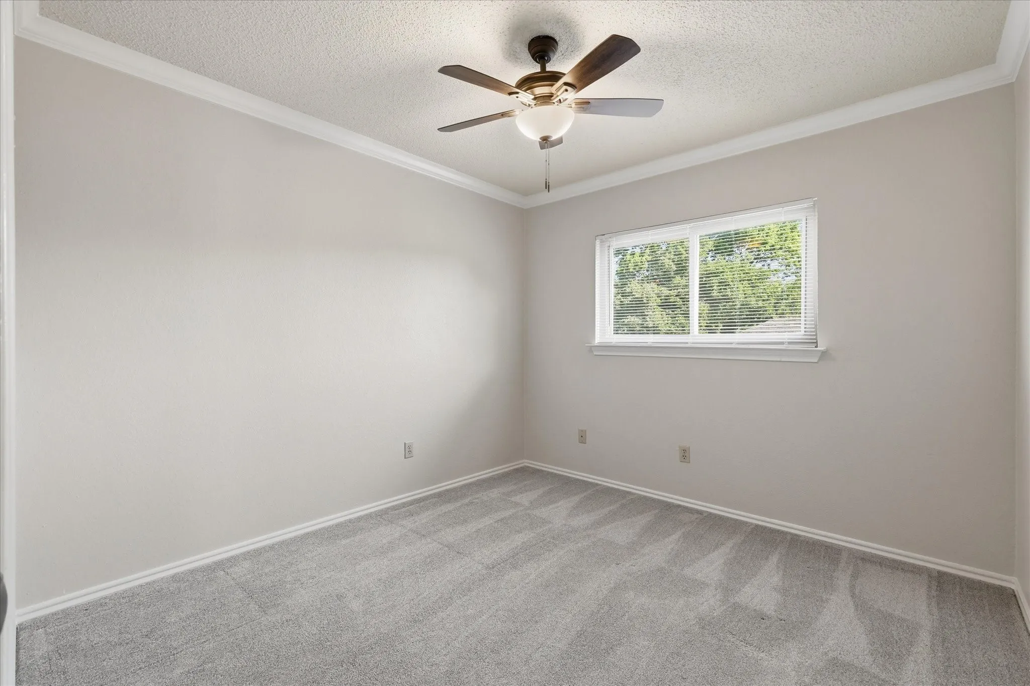 A welcoming bedroom with crown molding, plush carpet, a ceiling fan and a wide window overlooking the outdoors.