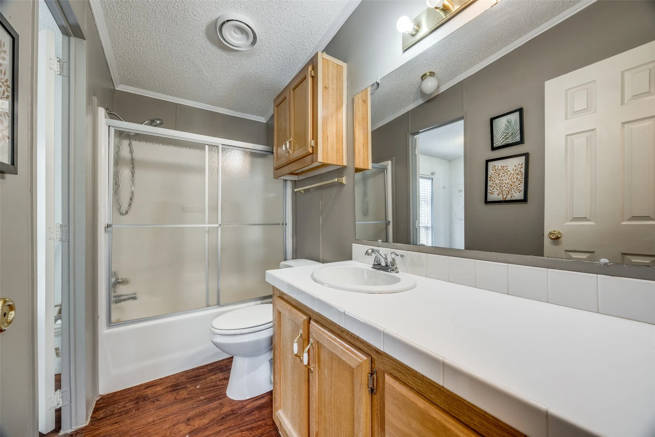 Hall bathroom with glass doors on the tub/shower, large vanity with lots of storage.