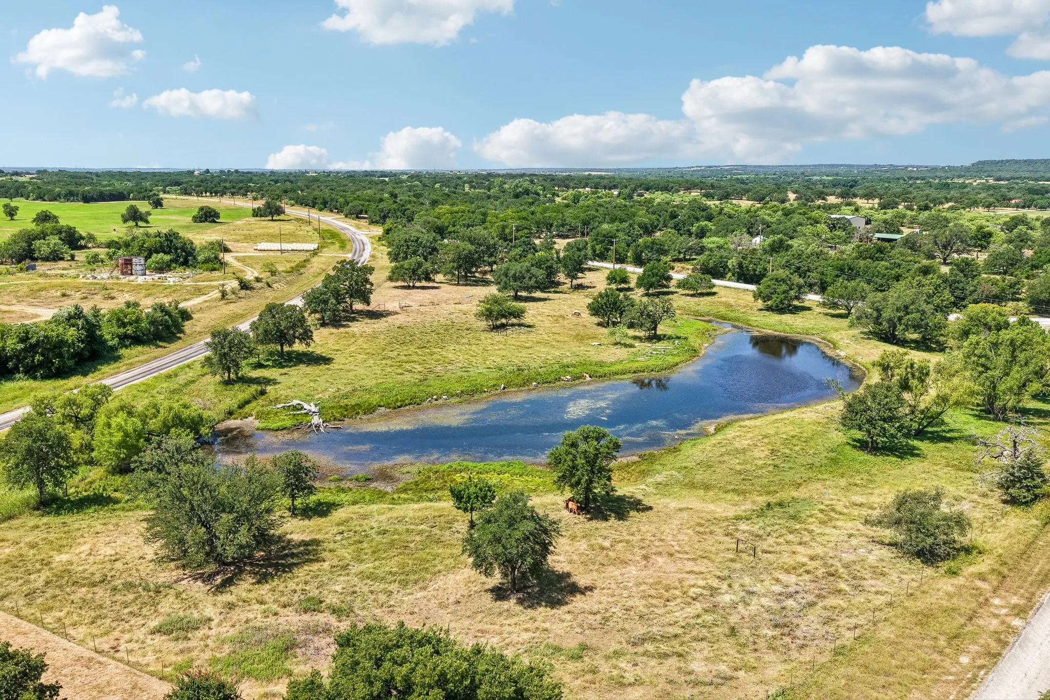Expansive landscape featuring a natural pond, a paved road, scattered mature trees, and open grassy areas
